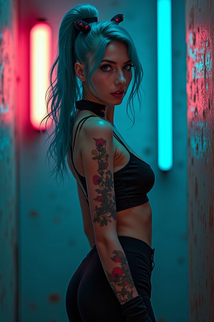 Create a hyper detailed photograph of a black ink tattoo muscular young sexy female deathknight, Stunningly perfect gorgeous feminine face, perfect makeup, detailed vibrant neon sapphire gray eyes, long hair, big beautiful muscular legs, big beautiful muscular arms, perfect body, muscular abs, detailed silky smooth skin, large natural perky breast, realistic nipples, round ass, completely naked, nudity, nsfw, view from back,
