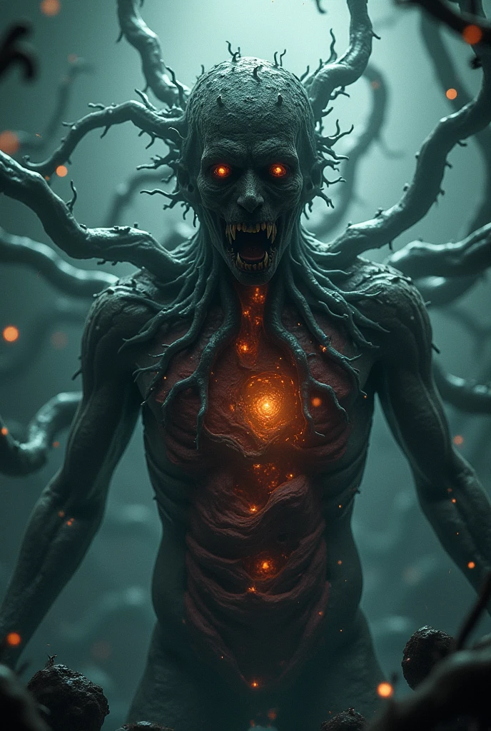 Photorealistic, hyperdetailed, scene of unnatural Transdimensional being, his complete insanity and madness on display, a visionary, unexpected showcase of a broken mind, twisted by a lost soul, (haunted by visions of the past and future which surround him:1.5), volumetric cinematic lighting, dark backdrop with mystical effects, UHD, shot on V-raptor XL