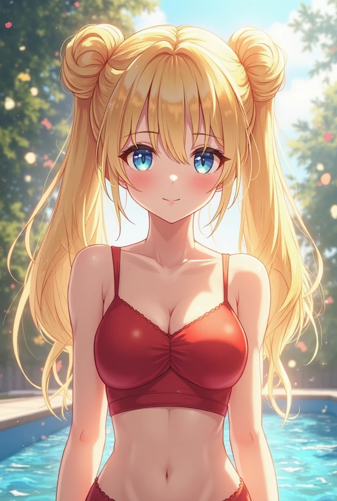(RED Ribbon on HAIRband:1.2),aikatsu,masterpiece, best quality, ((beautiful detailed eyes):1.3), 10years old, RED eyes, Blonde hair,Straight hair, leg hair ribbon, RED headband,large_boob, ((tight brilliant shiny competition swimsuit:1.2, plunking neckline, plunking navel, cleavage)), ((extremely delicate and beautiful fabric):1.3), looking at viewer, ((gravure pose, crossed arms, under breasts)), seductive_orgasm smile, blush, slender, slim, (indoor pool, pool lane, swimming pool, competition pool, pool starting block, swimming building, water, water surface, daytime, window, sunlight, (in the pool):1.2), very clear, ((masterpiece, best quality, ultra-detailed):1.5), ((an extremely delicate and beautiful)), ((((illustration)))), (realistic:0.6), (extremely detailed skin), ((ultra-detailed:1.35)), (detailed fingers, absurdres, intricate, (1girl), ((solo)), ((glistening skin)), (((oily skin))), ((wet skin)),