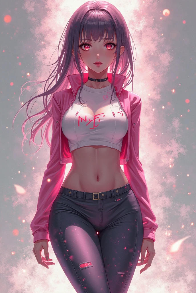 Woman, Tall Woman, Hair, Black Hair, Pink Hair, (Black and Pink Hair),Bright Blue Eyes, glowing eyes, large Breasts, Red Mini Skirt, White Tube Top, night sky, disgusted expression, ((annoyed expression))