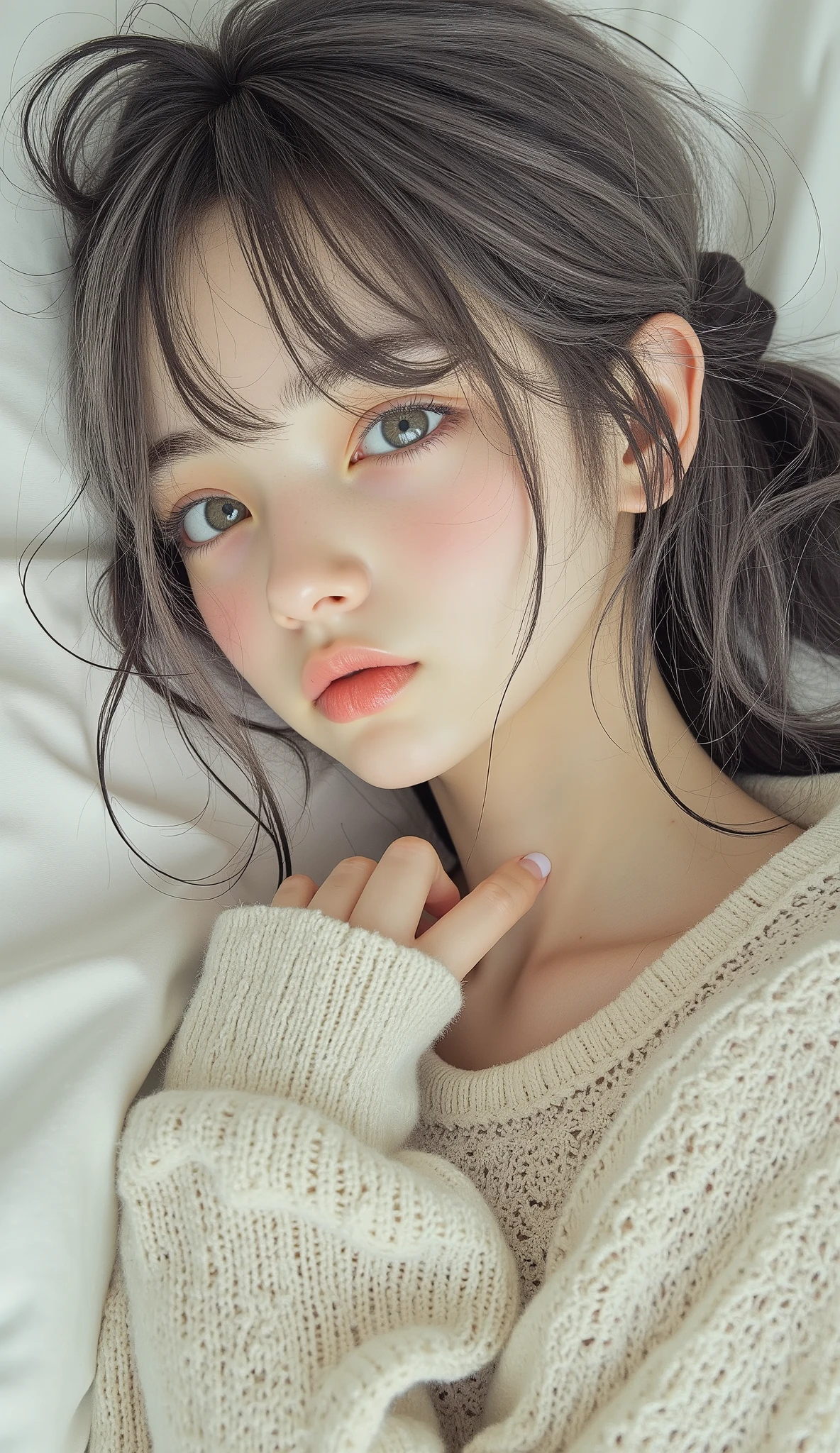 A close up of a woman laying on a bed with a white blanket - SeaArt AI