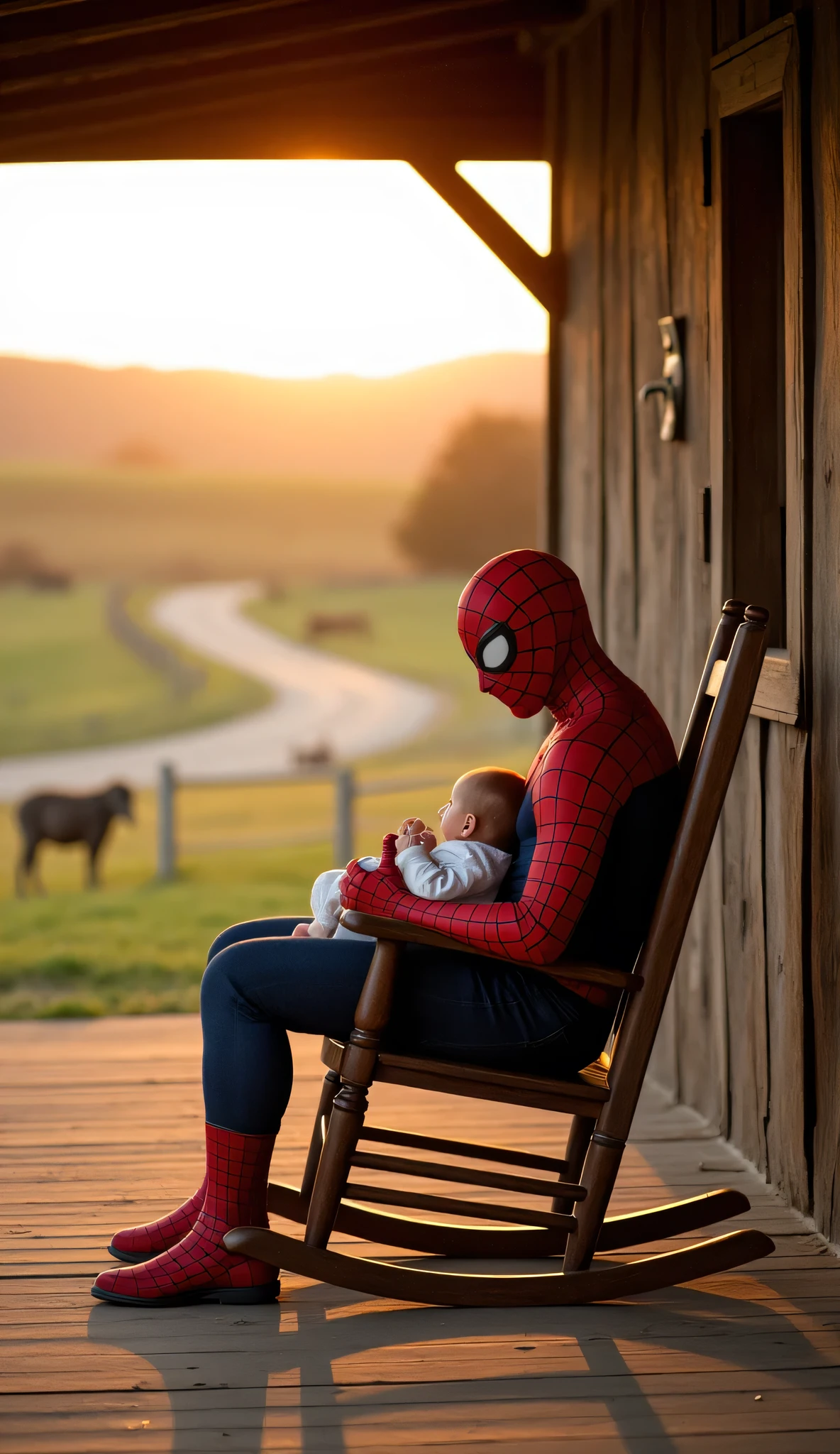 UHD, 4k, ultra detailed, cinematic, a photograph of Cinematic Spider-Man style a man in a spider - man suit, Spider-Man sitting on a wooden rocking chair outside a rustic barn porch. He’s in full costume, mask on, yet his posture is calm and relaxed. In his arms, he gently cradles a baby, rocking it back to sleep. The soft glow of sunset paints the scene, with golden light reflecting off the barn’s weathered wood. A peaceful countryside landscape stretches in the background — rolling fields, grazing animals, and a dirt road fading into the horizon. The mood is quiet, wholesome, and unexpectedly tender.