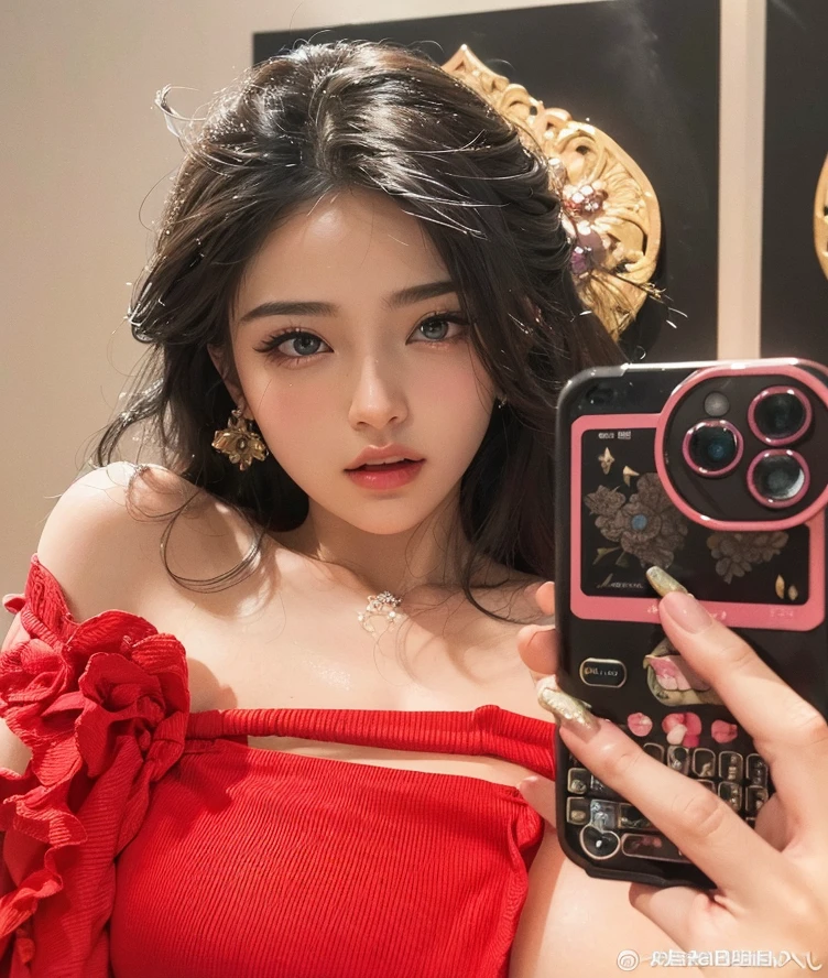 ((top quality、8k、masterpiece:1.3))、Extremely exquisite beautiful girl，full-body shot，Huge breasts，Breast enlargement，amazing breast size，G cup。Wear big earrings，The skin is very white，Hydrating red lips，Very thin waist，Thighs are very thin，Big Ass，Fair and smooth skin，Smooth and fair skin，Flawless skin，Fair and shiny skin，Cool white skin，front Photo，Deep V，showing her breast，（Big V-neck），Bright light，（Red transparent lace dress:1.3），Red tulle skirt，Bare shoulders，Light pink hair，The hair is light pink，stage，Red Carpet，Cannes Film Festival，((A person takes a selfie:1.6))，(A mobile phone selfie:1.5)