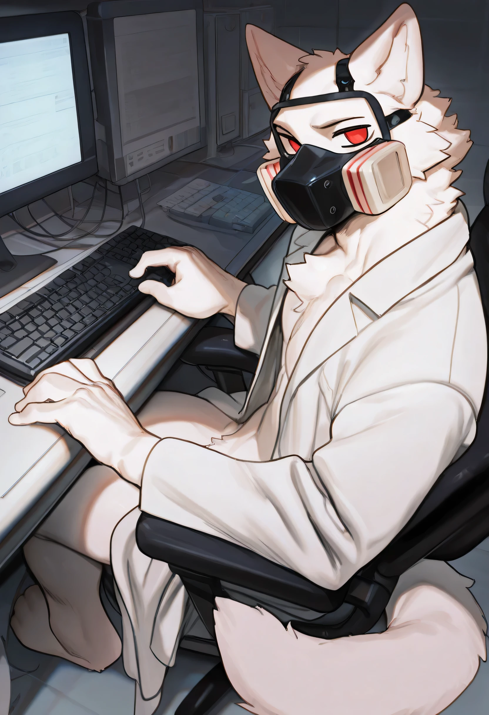 ((soft shading, 4k, hi res, detailed face, detailed, Best quality, masterpiece, perfect line art, perfect body, detailed anatomy, score_9_up, score_8_up, score_7_up, perfect shading)), by Bebebebe, by Darkgem, 1male, Dr.K, White Wolf, white fur body, tail, red eyes, gasmask, white coat, skinny chub body, sitting in chair, computer in front, typing on computer keyboard, looking at computer screen, lab background
