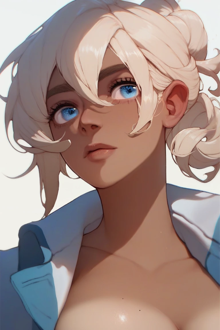 An eight-year-old albino girl, white hair, short and curly, with freckles and blue eyes naked
