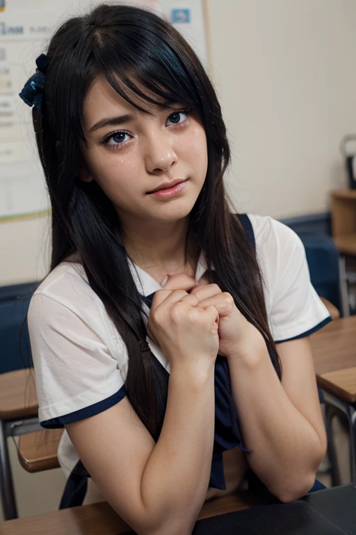 (masterpiece, Highest quality:1.2), 8k, young美しい女の子, 85mm,Official AR RAW Photos,Looks young,,clear,Junior high school freshman,very cute,Idol Style,student,10 generationsの少女,Sit on the floor ,Place your hands behind your back,young, I can see your chest,Flat Chest,Erect nipples,No makeup, Film Grain, chromatic aberration, Sharp focus, Face Light, Bright lighting, 10 generations, Detailed face, ((((((14 year old high school girl))))))、Tight waist,Delicate body,In the classroom at night,Delicate genitals,Genitals are clearly visible,young性器,Wide-open legs,Wide-open legs,Please spread your legs as far as possible,Look at my genitals,Show off your genitals,Feels good,From below,From the ground