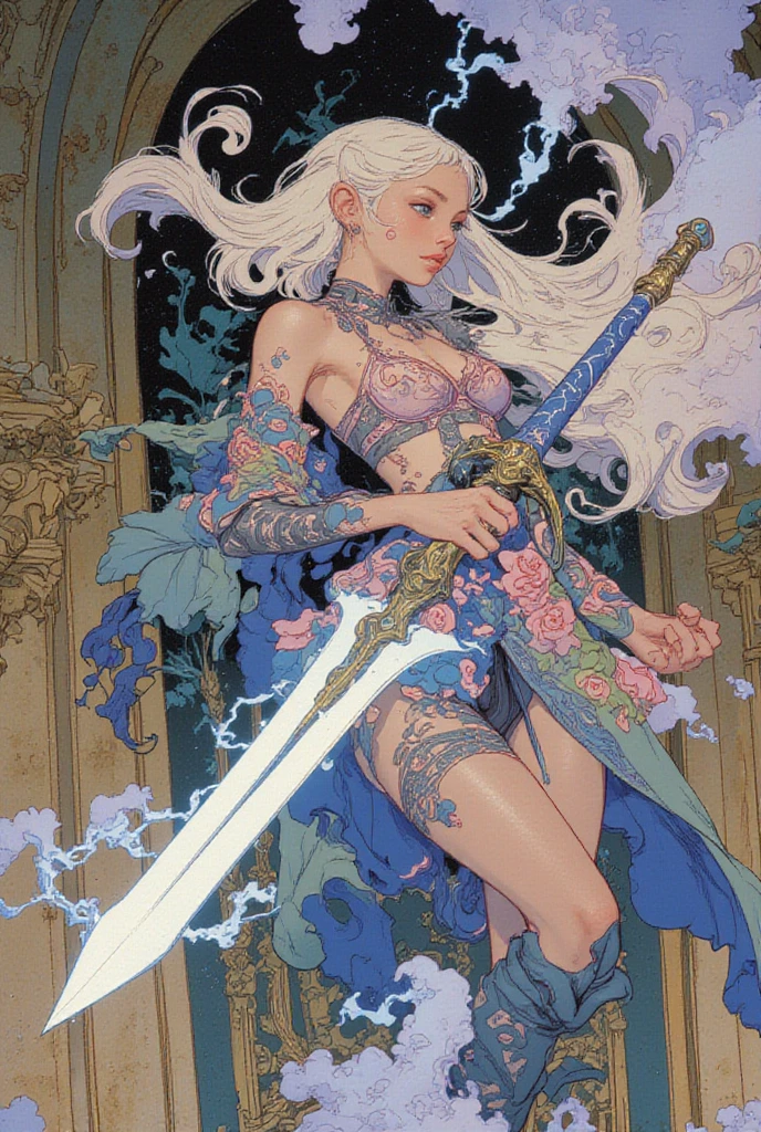Ukiyo-e style Charles Robinson, Frank Pape, Kay Nielsen, surreal wondrous strange Whimsical absurderes fanciful Sci-Fi Fantasy Sphere mythology. Portrait of goddess holding a sword. Melting makeup. Snake around neck. Chains