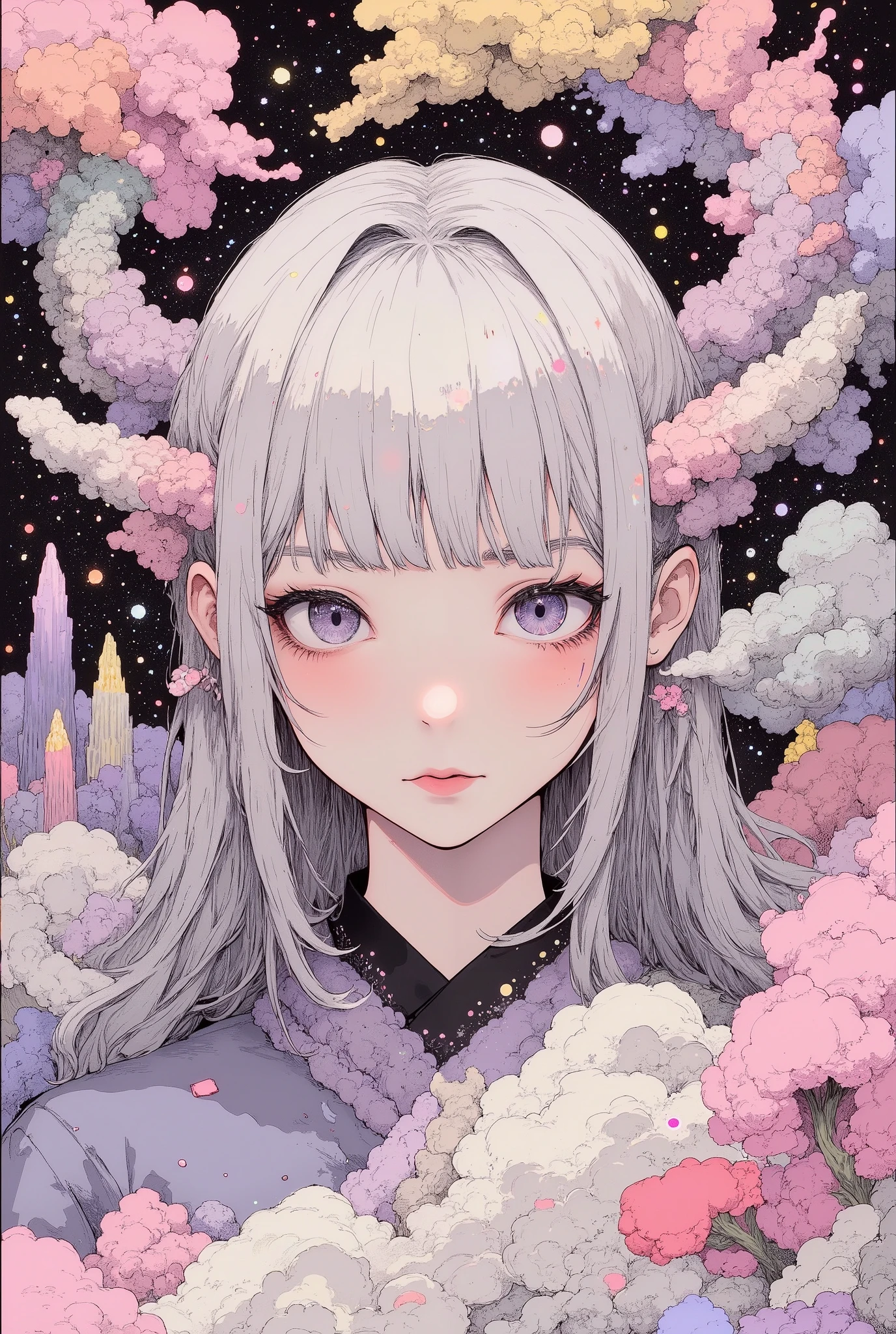 (((Macro))), extreme close-up shot, ((Pupil details)), 1girl, japanese, blush, High Definition, masterpiece, Accurate, top quality, High Definition model, high detail, (((The textures are soft))), ((matte and toy-like with a handmade premium look)), (((Tim Burton style))), beautiful woman, anime style, simple lines, ((soft silver low ponytail hair)), (intricate details : 1.1), beautiful detailed, beautiful hair, (((Stylistically diverse))), detailed scenes, quirky twist, unique visuals, clouds, and flowers, abstract, surreal Painted light, Pastel colours, Isolated subjects,innocent colours, Soft Lighting, heavy inky shadows, detailed and intricate environment, A masterpiece, tracing effects, oil painting aesthetic, heavy brush strokes, mystical allure, Oil painting Impressionistic, Impressionistic.Beautiful details, stylized art aesthetic, Broken Glass effect, stunning, something that even doesn't exist, mythical being, energy, molecular, textures, iridescent and luminescent scales, breathtaking beauty, pure perfection, divine presence, unforgettable, impressive, breathtaking beauty, Volumetric light, auras, rays, vivid colors reflects, 