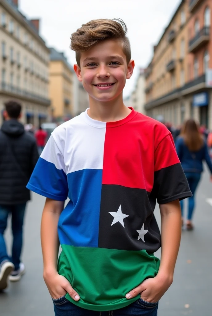 Young boy looking decent wering paint and red t shirt