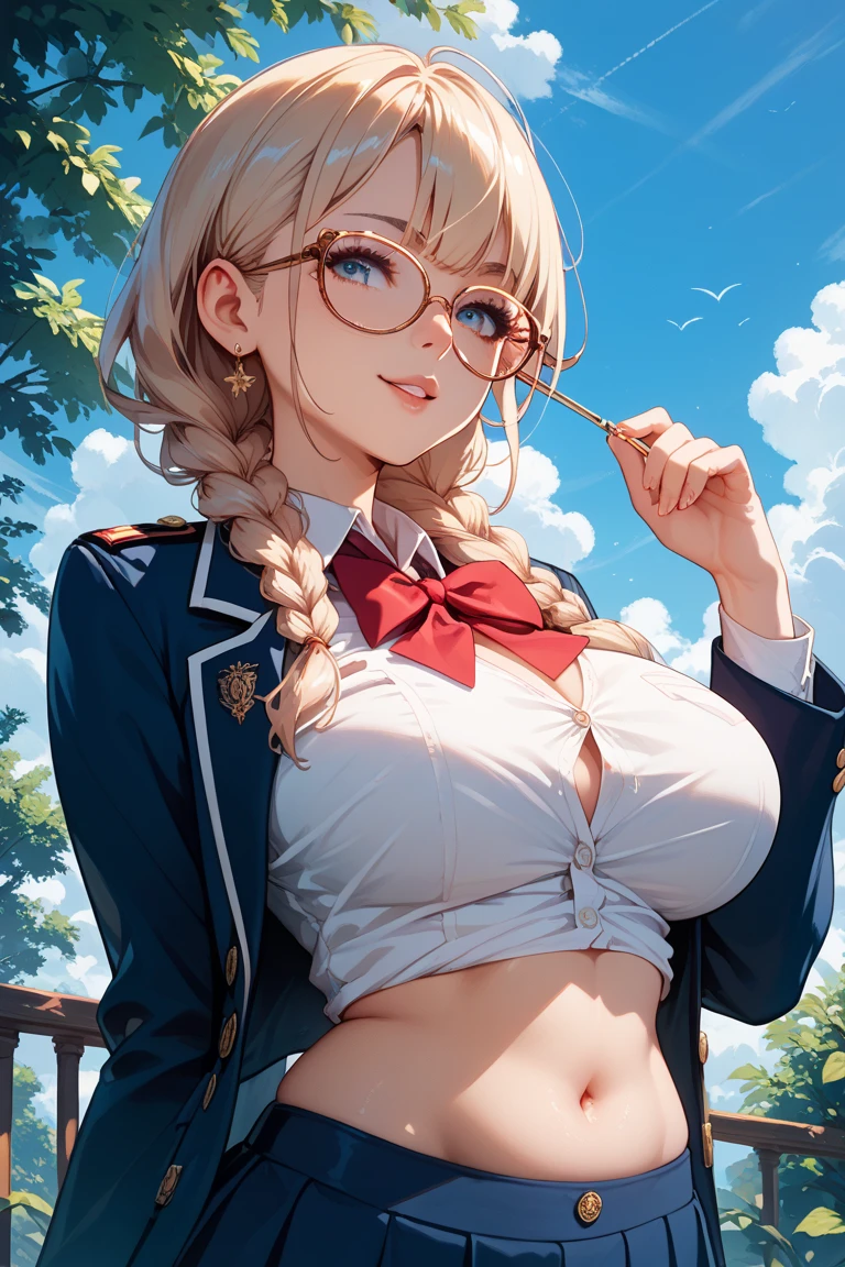 masterpiece, best quality, highres,
MeikoDef, 1girl, solo, blonde hair, white hair, sidelocks, blue eyes, grey eyes, breasts, short hair, bangs, large breasts, huge breasts, glasses, hair bun, swept bangs, single hair bun, prison school,
skirt, thighhighs, long sleeves, choker, neck ribbon, red bowtie, bow, ribbon, cleavage, school uniform, collarbone, jacket, braid, thighs, pleated skirt, open clothes, black thighhighs, miniskirt, bowtie, red bow, open jacket, zettai ryouiki, open shirt, no bra, skindentation, buttons, blazer, black-framed eyewear, brown skirt, brown jacket, unbuttoned, brown thighhighs, partially unbuttoned,
sitting, spread legs, panties, skirt lift, cowboy shot, waving, waving arms, looking at viewer, outdoors, grass, field, forest, sunlight, sky, blue sky, <lora:Meiko:1>