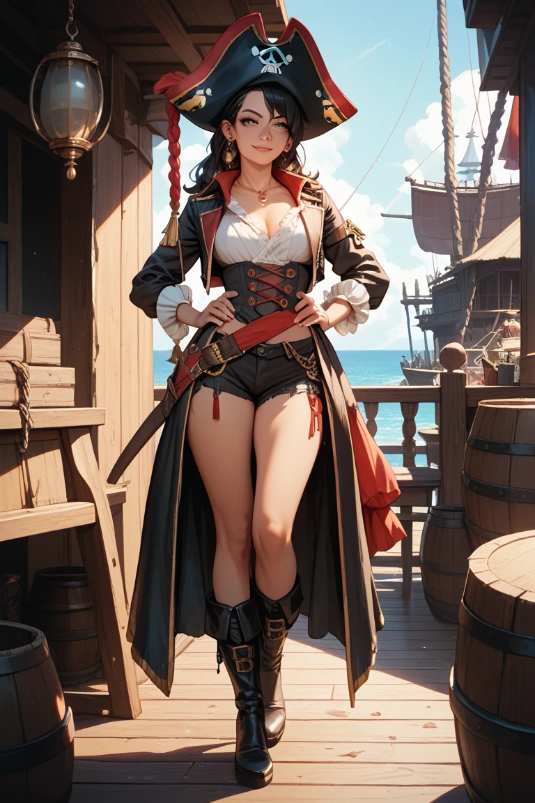 ((Fullbody)),standing pose,wearing a long red and black lacy skirt,Canon PowerShot S60,masterpiece,best quality,absurdres,detailed background,perfect correct anatomy,portrain:1.35,(1girl),a young woman pirate:1.3 ,clouds,day,sunlight,pirate clothes,captain pirate hat,(brilliant red:1.2 hair),cut hair,wild hair,(medieval pirate fantasy theme:1.1),pastel colors,soft shadow,chromatic aberration,ambient occlusion,cinematic light, (medium breasts and curvy figure), 21thkitazume,AGGA_ST004 ,no water,