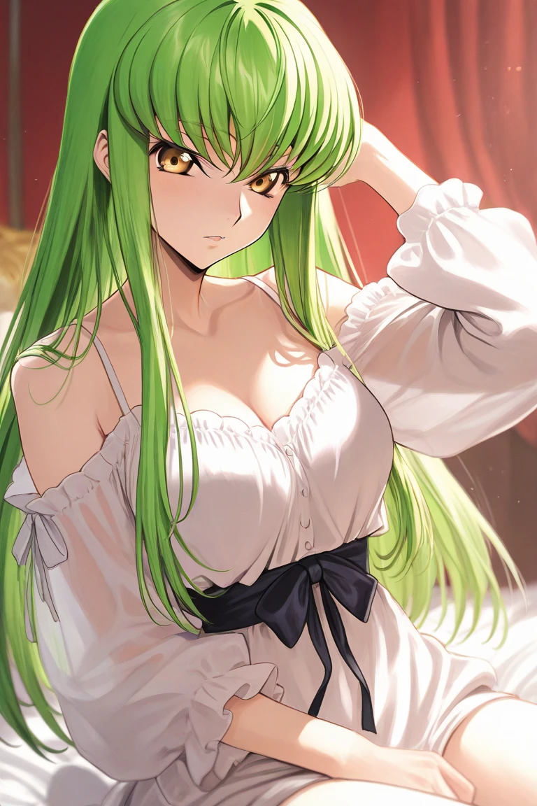 blunt bangs,green eyes,ringlets, twin drills,gold hair.lace, large breasts,princess,undress,corset dress,sweat, steam,showing armpits, empty eyes ,smug,bed_invitation,fellatio gesture