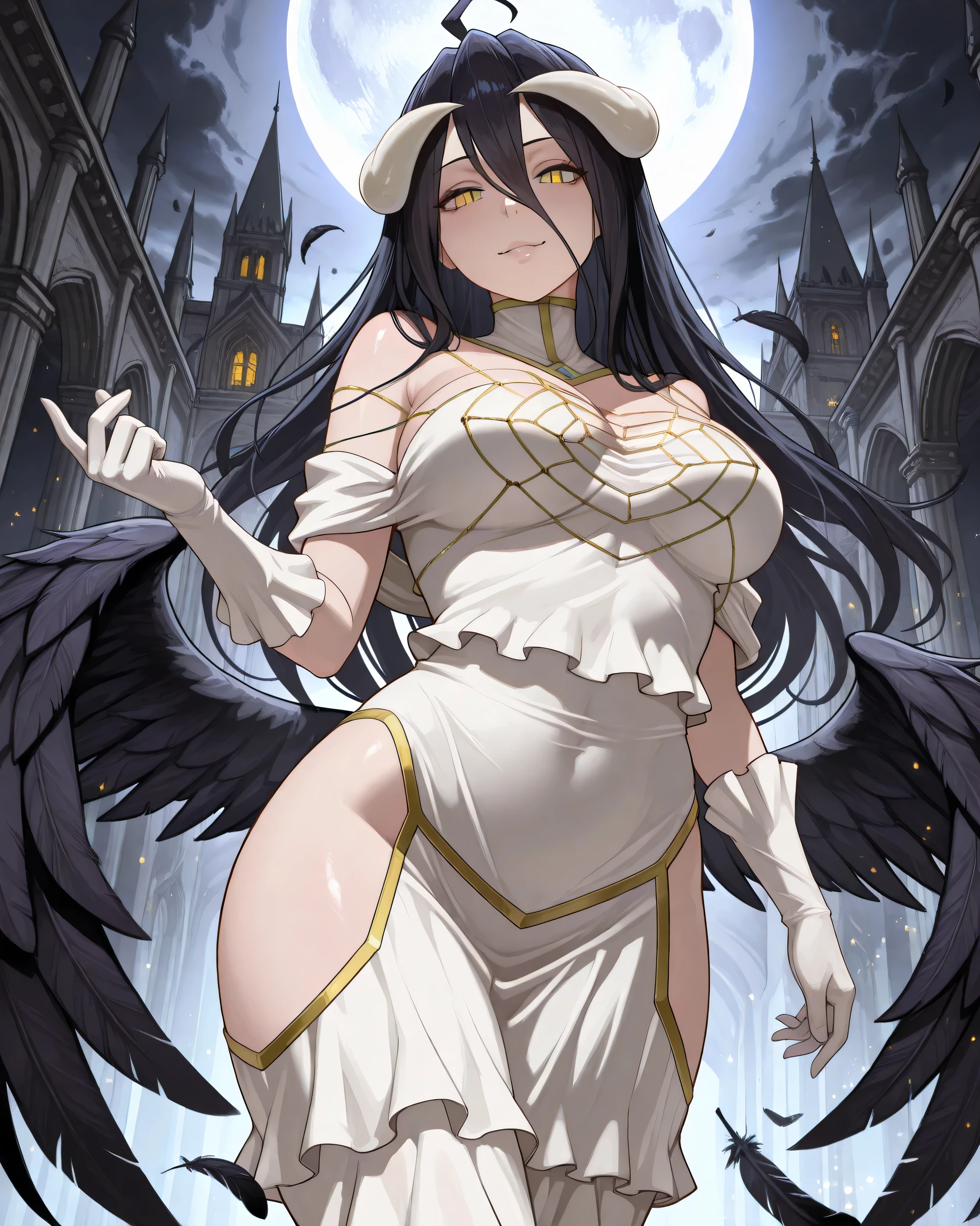 Ultra-detailed, 8K, high-definition, anime-style, perfect anatomy, flawless skin, glowing yellow eyes, seductive expression, intricate details, masterpiece, absurdres, cinematic lighting, ethereal atmosphere, floating feathers, dark fantasy setting, gothic architecture, soft glowing particles, ultra-sharp focus, no watermark.
Albedo (Overlord), standing under the moonlit sky, her golden slit pupils glowing intensely, staring seductively. Her large, full breasts press against her luxurious white dress, fabric clinging to her perfect figure. Feathered wings spread slightly, black feathers drifting in the air.
Her long, flowing black hair cascades down past her hips, strands catching the moonlight. White gloves cover her delicate hands, one raised in an elegant yet teasing gesture. Her horns curve gracefully, enhancing her divine yet sinister beauty.
The background is an epic gothic castle, bathed in soft, blue moonlight. Floating embers and magical particles fill the air, adding a dreamlike atmosphere. Dark clouds swirl above, creating a perfect fantasy aesthetic.