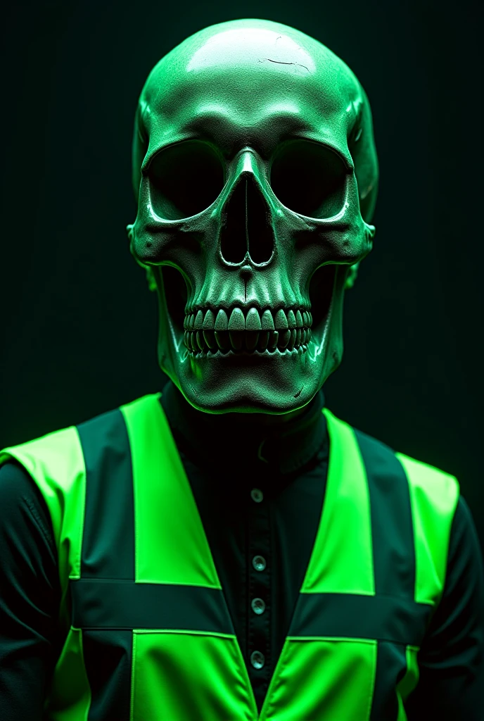 -High quality- -masterpiece- A handsome man, with blonde hair, wearing a green jacket, black t-shirt, black hood, black pants, green and black gloves, a full-face mask of a green skeleton with white eyes, standing. in a high-tech scientific area