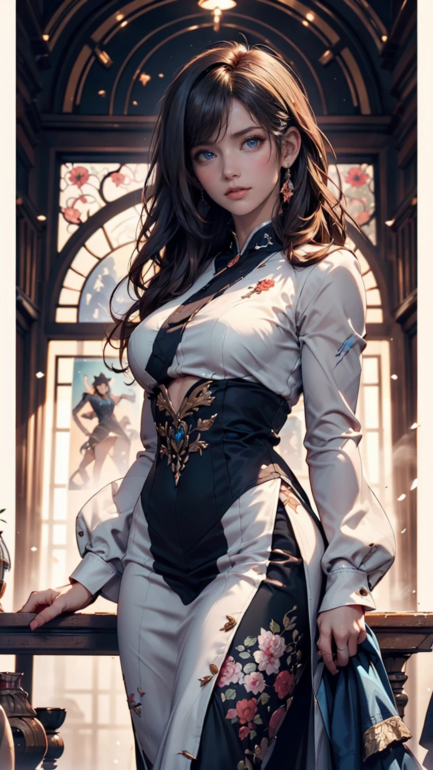 (Highest quality, 8k, masterpiece :1.3), Handsome woman with perfect figure and long hair :1.4, Zhongli, Zhongli, Dark brown hair, Swollen breasts, Genshin Impact, On the Ruins, In the hands of a gun, Highly detailed face and skin, Detailed eyes, double eyelid