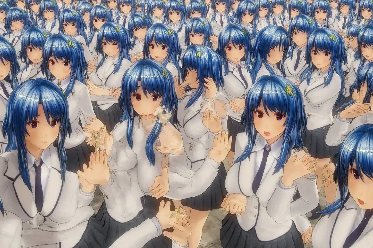 big breasts:1.2、green haired woman、short hair、grab your chest、grab your butt、highest quality、very detailed、molestation、crowd surfing、very realistic face、very realistic eyes、There is a very large group of girls around her.、grabbing body、squeezed the breast, masterpiece、highest quality、very detailed、1 girl、multiple hands、naked crowd surfing、Crazy crowd and grab your butt、grab your chest、all women around her、aperture body、grab your chest, beautiful feet、lying on the crowd、From above, green field, expose nipples and vagina, everyone fully naked in the background, ((Fully naked crowd)), ((ALL GIRLS))