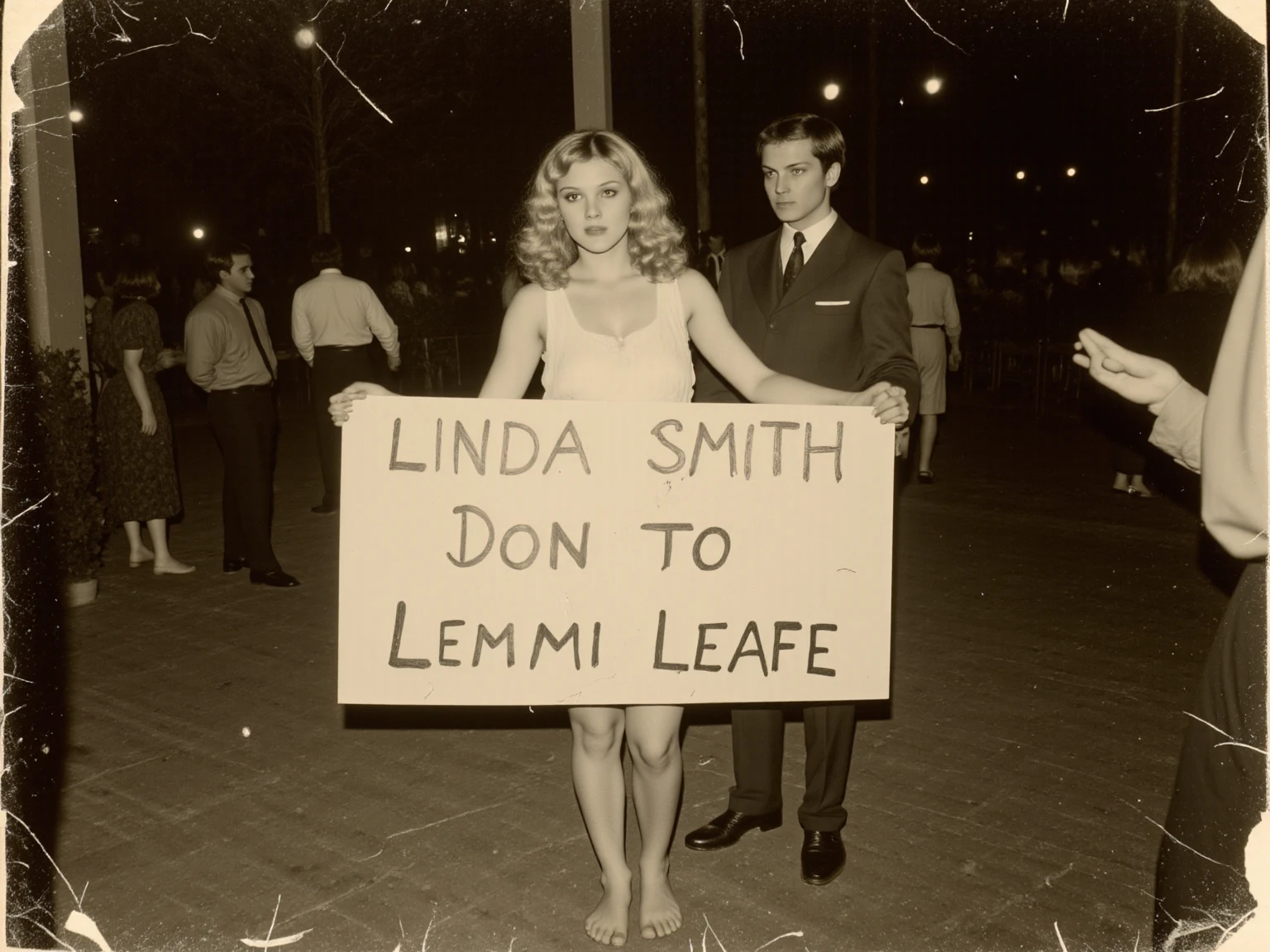 old man in white suit stands beside (((nude naked nude naked young white teen girl who has brunette bob hair and smile and wears a collar and hold a placard sign))) and has medium breast and nipple and pussy and earring and wristwatch and is waving and standing in a carpark, student in background, old man in black suit in background, old man in black suit in background, old man in black suit in background,