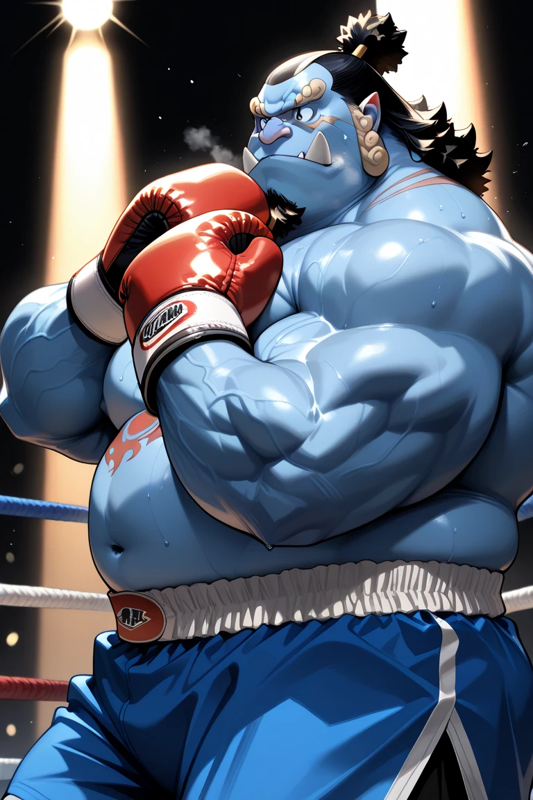 A colossal, massively muscled and old anthropomorphic bear presents an imposing figure in his wrestling uniform, adorned with dark red fur, muscular arms, and muscular legs that exude a sense of raw power. His stern and intimidating expression is accentuated by black full facial hair and golden eyes that pierce through the shadows cast by the dramatic lighting. The uniform, crisp and well-fitted, boasts a metal badge and shiny buttons that gleam under the spotlight, highlighting his sense of dedication. His sculpted physique, complete with a large, fat roid belly, speaks volumes about his strength and prowess in the wrestling ring. Details such as