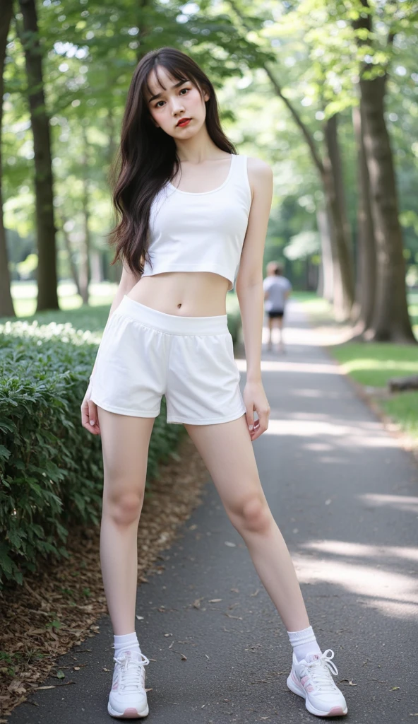 (masterpiece, best quality:1.4), (super sharp photo:1.4), highest quality, face focus, soft light, (realistic:1.5), surreal, very natural, ultra-sharp photo, highly detailed, detailed, highest resolution, 8K wallpaper, perfect dynamic composition, standing, huge breasts, lifted buttocks, sexy athletic outfit, natural makeup, smiling, beautiful detailed eyes, natural lips, natural gaze, glamorous body, tight short-sleeve V-neck top, short running shorts in random color, female runner, outdoor running scene, random location, full body, facing forward, with her hips slightly sticking out, natural running pose, hidden fingers, hidden hands.