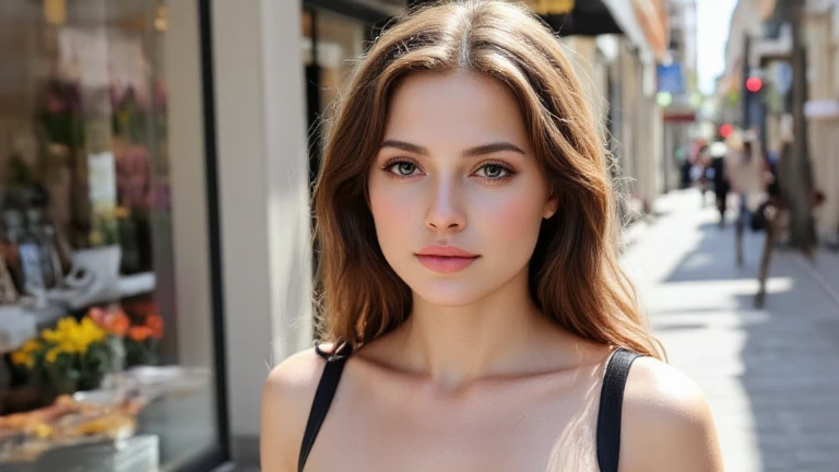 seductive pose of European girl:1.3 , RAW, beautiful woman:1.3 , semi-open strawberry lip, dimples, wistful expression, (brown hair with extra long wavy), ((detailed face)), ((detailed facial features)), (fine detailed skin), pale skin, (off-the-shoulder crop top dress), cyberpunk megacity environment, ( Cool colors), wet, damp, reflective, (masterpiece) (perfect proportions) (realistic photos) (highest quality) (detail) shot with Canon EOS R5, 50mm lens, f/2.8, HDR, (8k) (wallpaper) (cinematic lighting) (dramatic lighting) (sharp focus) (complex), RAW , gigachad photos, camera poses, black jeans