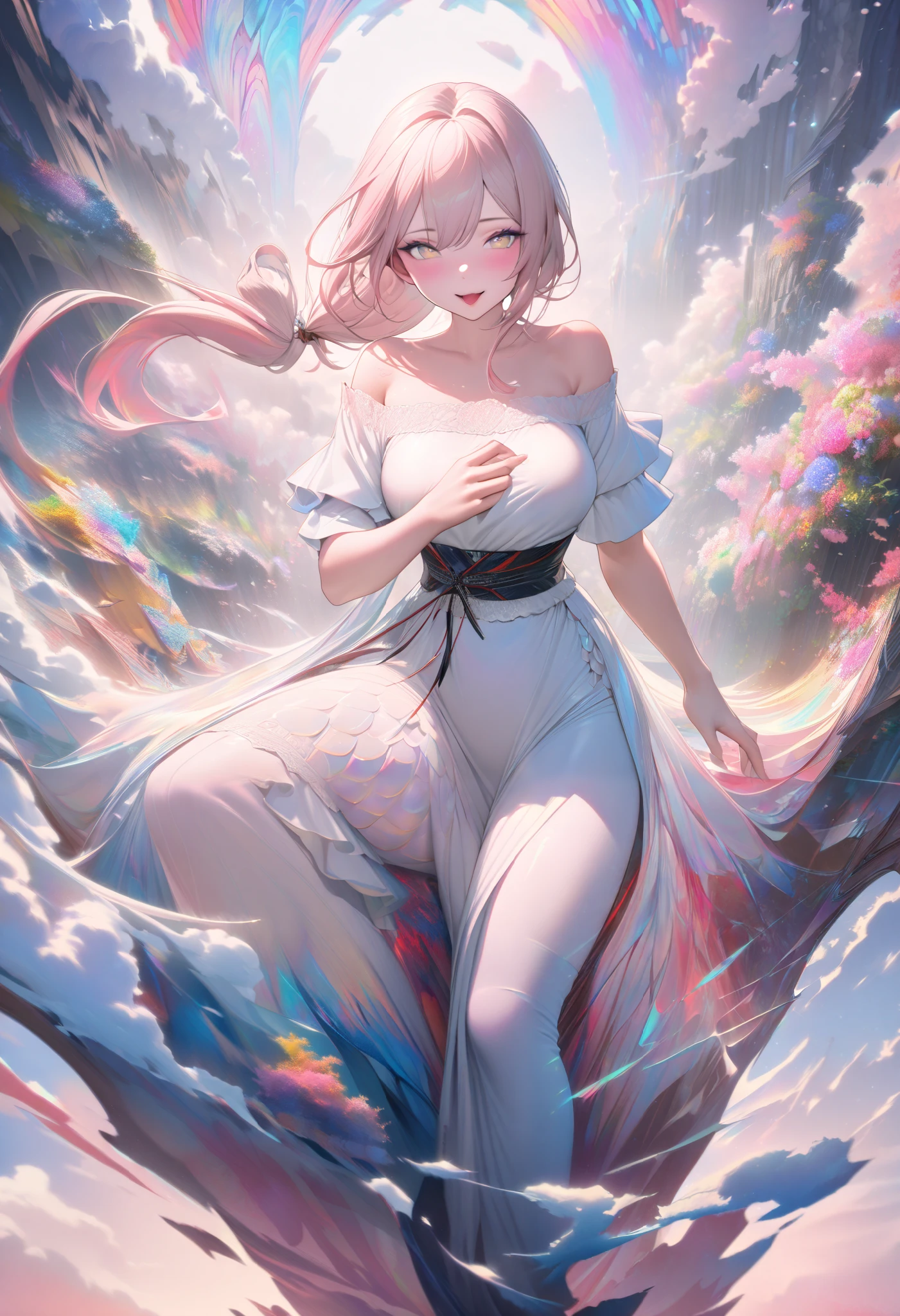 (((white backgriound : 1.8))), 1 girl, full body, detailed person, high resolution, 32K, realistic depiction, (((pale yellow off-shoulder blouse))), (masterpiece, highres, high resolution:1.2), ((soft pink low ponytail hair)), japanese, (((blushing))), solo, smile, big lips, perfect body, Please open your mouth a little, ((five fingers)), (Anatomically correct), ((big )), curve, (((Stylistically diverse))), detailed scenes, quirky twist, unique visuals, clouds, and flowers, abstract, surreal Painted light, Pastel colours, Isolated subjects,innocent colours, Soft Lighting, heavy inky shadows, detailed and intricate environment, A masterpiece, tracing effects, oil painting aesthetic, heavy brush strokes, mystical allure, Oil painting Impressionistic, Impressionistic. Beautiful details, stylized art aesthetic, Broken Glass effect, stunning, something that even doesn't exist, mythical being, energy, molecular, textures, iridescent and luminescent scales, breathtaking beauty, pure perfection, divine presence, unforgettable, impressive, breathtaking beauty, Volumetric light, auras, rays, vivid colors reflects, 