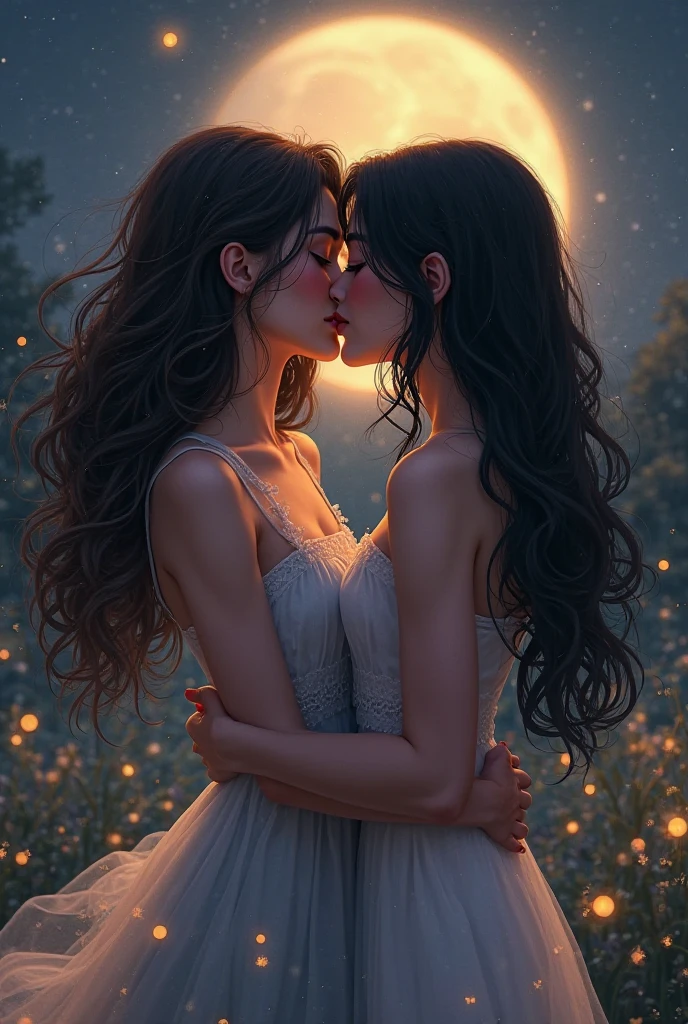 (masterpiece, highest quality, official art, beauty and aesthetic, the most important work), perfect anatomy, perfect hands, two women is deeply in love with each other, kiss, romantic atmosphere, flower and moon, magnificent panorama view