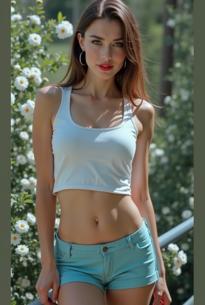masterpiece, best quality, extremely detailed, hyperrealistic, photorealistic:1.2, a beautiful 20s french model, terrace, in the morning, arm up, light blue crop shirt:1.2, ultra detailed face, messy hair, brunette hair, pale skin, busty breasts, smiling, eye closed
