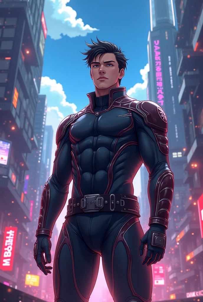 masterpiece, best quality, 8K, ultra res, extremely detailed,, Muscular 30-year-old man, standing tall in a futuristic, dimly lit warehouse. He's got a stern expression with berry short black hair and red eyes. His entire body is covered in a sleek, black Spandex suit. He's crossing his arms, posing with confidence. Subject details: Muscular, serious, 30 years old, black hair, red eyes BREAK Clothing/accessories: Black Spandex suit BREAK Pose/camera angle: Arms crossed, confident stance BREAK Background/setting: Futuristic warehouse

