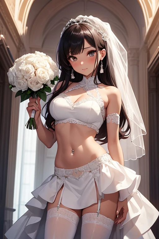 masterpiece, best quality, highres, aura,Two horns,wedding dress, white dress, garden, holding bouquet, confetti,Shoulder Bare、midriff peek、bare legs、very Long veil、(She showed off her white panties:1.5)、Open your mouth、smile、((Glowing Skin))、cameltoe、