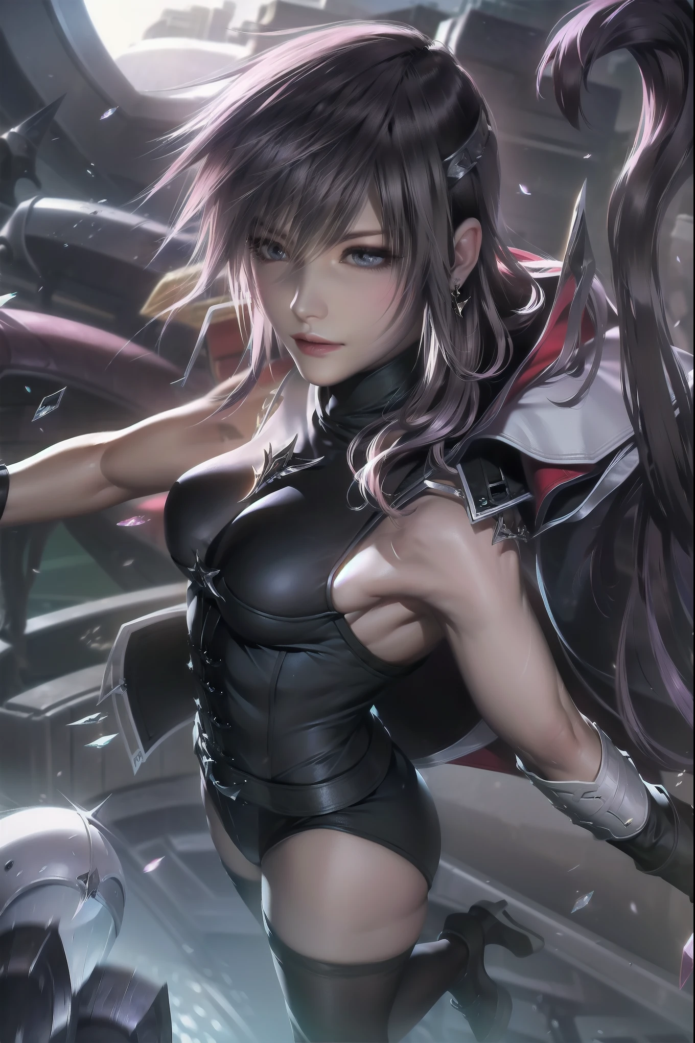 Anime Art、Full body portrait、Modern Street Killer、Moonlit Ruins、Tall Woman, Height: approx. 175cm, Around 20 years old, Wearing a black jacket and shorts, Holding a baseball bat and swinging it、Black socks、Short Medium Hairstyles、The eyes are covered by the bangs、earing a red hat、Open-mouthed, intimidating smile、Purple eyes、gloves、stockings、boots、She has silver earrings in her ears