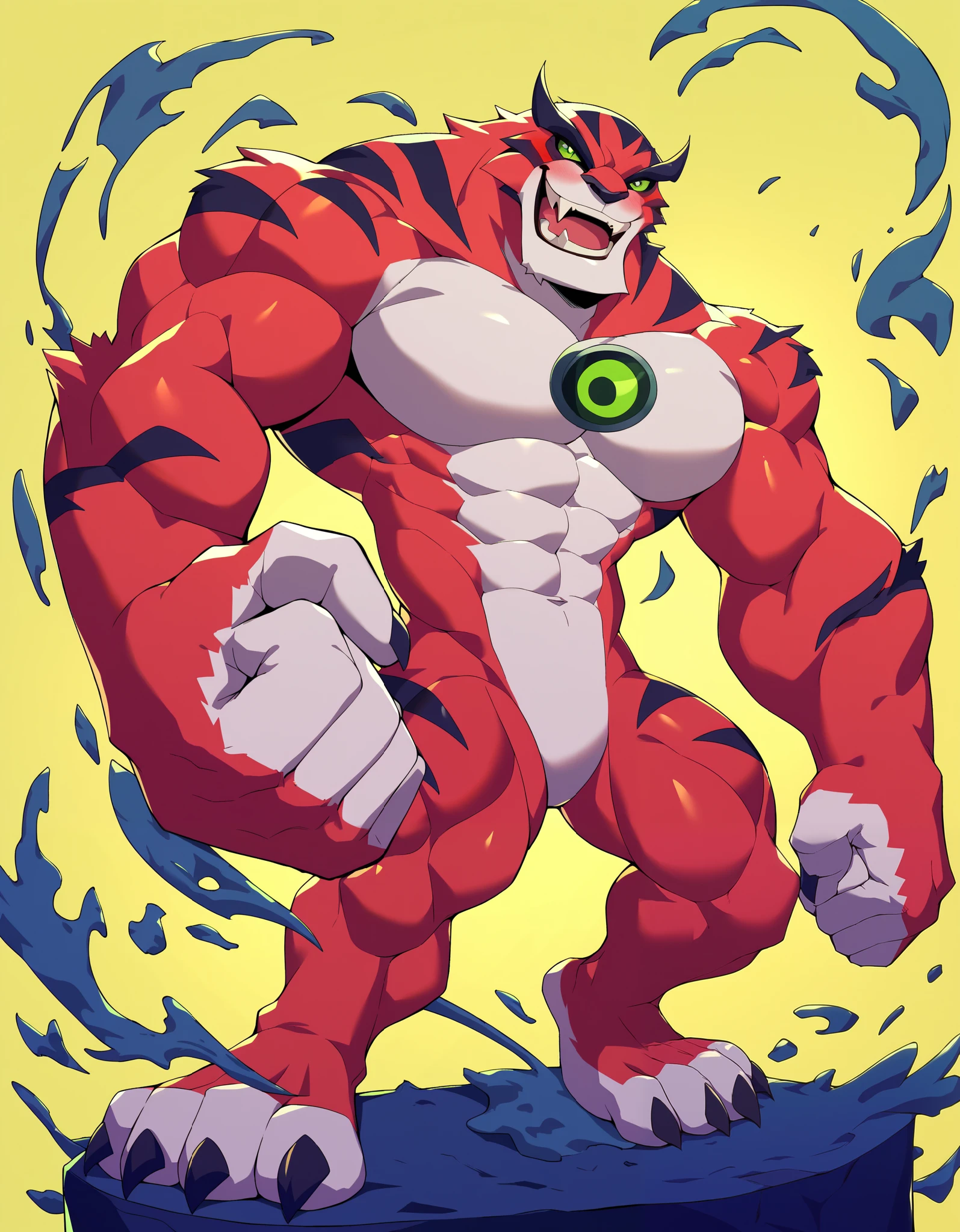 score_9, score_8_up, score_7_up, source_furry, solo, {{{rath, fangs, green eyes, without pupils, without tails}}}, adult, bara, naked, expose waist, expose crotch, muscular,((full body:1.3)),{{{In good physical shape, balance physical, balance muscular}}},perfecteyes,one hand on hip, yellow background(lighting symbols behind),perfect hand fist anatomy,perfect detailed fingers anatomy++,{{focus on 4 fingers}}+,brawl,open mouth,grin,show half teeth,look at the viewer,blush,{{perfect onmitrix logo on center of the chest}}+,2d,2d model, anime, focus 2d, wyatt, perfect body digits drawn