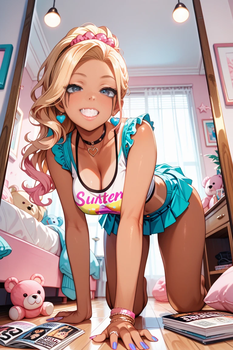 (work of art, best qualityer, ultra detali), 1 girl,adolescent, greeneyes, two tone hair, (hair blonde), blue tips, silver crown, light blue floral print dress, rollerskates,lying on her bed