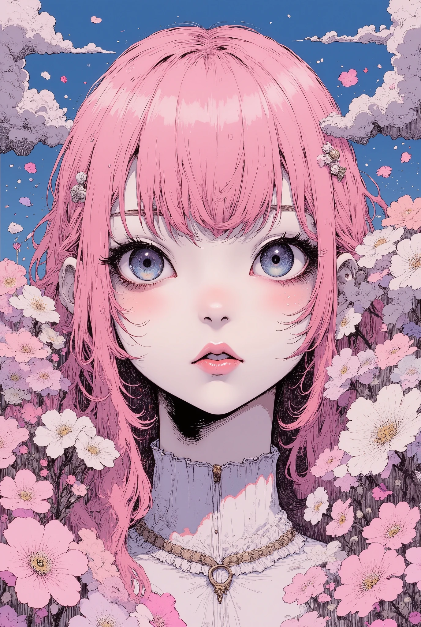 (((dramatic angle))), (((Macro))), (close up shot:1.8), Ultra-realism, ((Pupil details, gradient eyes)), thick lips, 1 girl, soft pink medium length hair, beautiful detailed, beautiful hair, high school girl, (cherry petals:1.3), high quality, High Definition model, high detail, High contrast, (((The textures are soft))), ((matte and toy-like with a handmade premium look)), (((Tim Burton style))), anime style, simple lines, (intricate details:1.1), backgrround : blue sky, (((Stylistically diverse))), detailed scenes, quirky twist, unique visuals, clouds, and flowers, abstract, surreal Painted light, Pastel colours, Isolated subjects,innocent colours, Soft Lighting, heavy inky shadows, detailed and intricate environment, A masterpiece, tracing effects, oil painting aesthetic, heavy brush strokes, mystical allure, Oil painting Impressionistic, Impressionistic. Beautiful details, stylized art aesthetic, Broken Glass effect, stunning, something that even doesn't exist, mythical being, energy, molecular, textures, iridescent and luminescent scales, breathtaking beauty, pure perfection, divine presence, unforgettable, impressive, breathtaking beauty, Volumetric light, auras, rays, vivid colors reflects, 