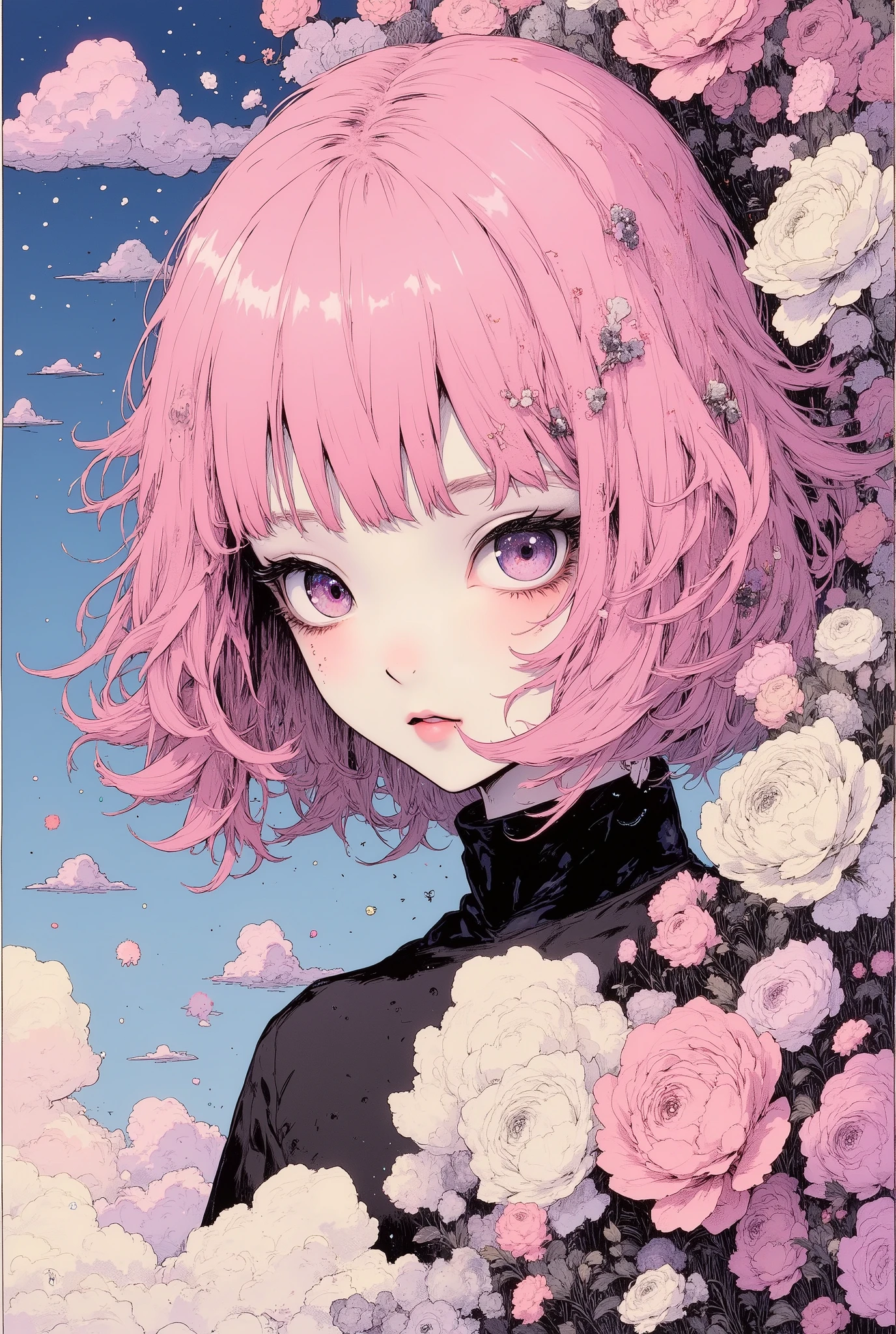 (((dramatic angle))), (((Macro))), (close up shot:1.8), Ultra-realism, ((Pupil details, gradient eyes)), thick lips, 1 girl, soft pink medium length hair, beautiful detailed, beautiful hair, high school girl, (cherry petals:1.3), high quality, High Definition model, high detail, High contrast, (((The textures are soft))), ((matte and toy-like with a handmade premium look)), (((Tim Burton style))), anime style, simple lines, (intricate details:1.1), backgrround : blue sky, (((Stylistically diverse))), detailed scenes, quirky twist, unique visuals, clouds, and flowers, abstract, surreal Painted light, Pastel colours, Isolated subjects,innocent colours, Soft Lighting, heavy inky shadows, detailed and intricate environment, A masterpiece, tracing effects, oil painting aesthetic, heavy brush strokes, mystical allure, Oil painting Impressionistic, Impressionistic. Beautiful details, stylized art aesthetic, Broken Glass effect, stunning, something that even doesn't exist, mythical being, energy, molecular, textures, iridescent and luminescent scales, breathtaking beauty, pure perfection, divine presence, unforgettable, impressive, breathtaking beauty, Volumetric light, auras, rays, vivid colors reflects, 