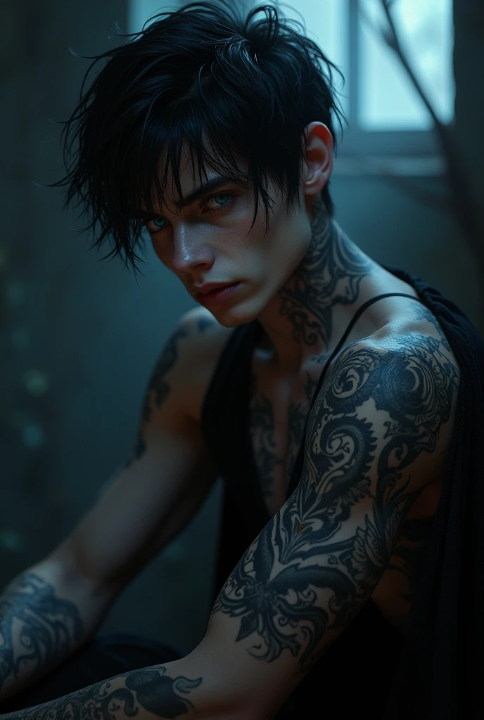 The young man looked somewhat strange... He was naked from the waist up, his pale skin was covered with several half-healed burns, and his arms and most of his torso were covered with a threatening, intricate tattoo in the form of a coiled black snake.
His black hair was wild and tousled, and his dark eyes seemed a little crazy.