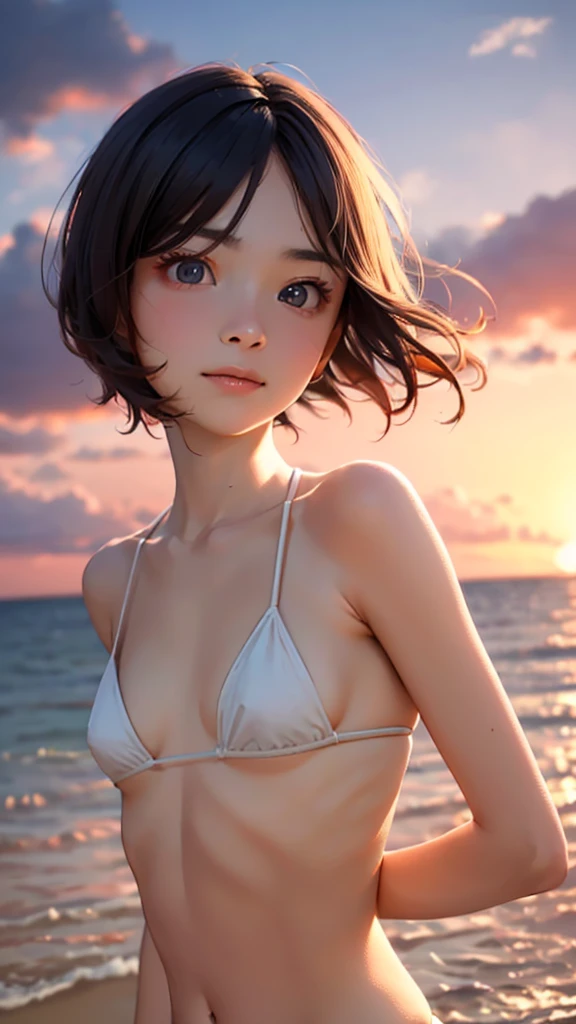 8K、master piece、highest quality、highest level、Highest image quality、muste piece、intricate details、high resolution、depth field、Natural light、professional lighting、(1 person)、solo、Anglo-Saxon girlish girl、(cute:1.2)、very beautiful cartoon girl、(high detail skin: 1.2)、Photorealistic anime girl rendering、Realistic anime 3D style、purple hair with details、bob cut、crossed bangs、asymmetrical bangs、stick out ears、eyelashes、intense red eyes、strong eye highlights、perfect anatomy、hands behind the back、very mysterious smile、Attractive、Body shiny with oil、((teenage girl))、wearing a detailed blue bikini、Cute swimsuit、sandbeach、beach side、Beach where you can see the sunset at 6pm、red sunset clouds、