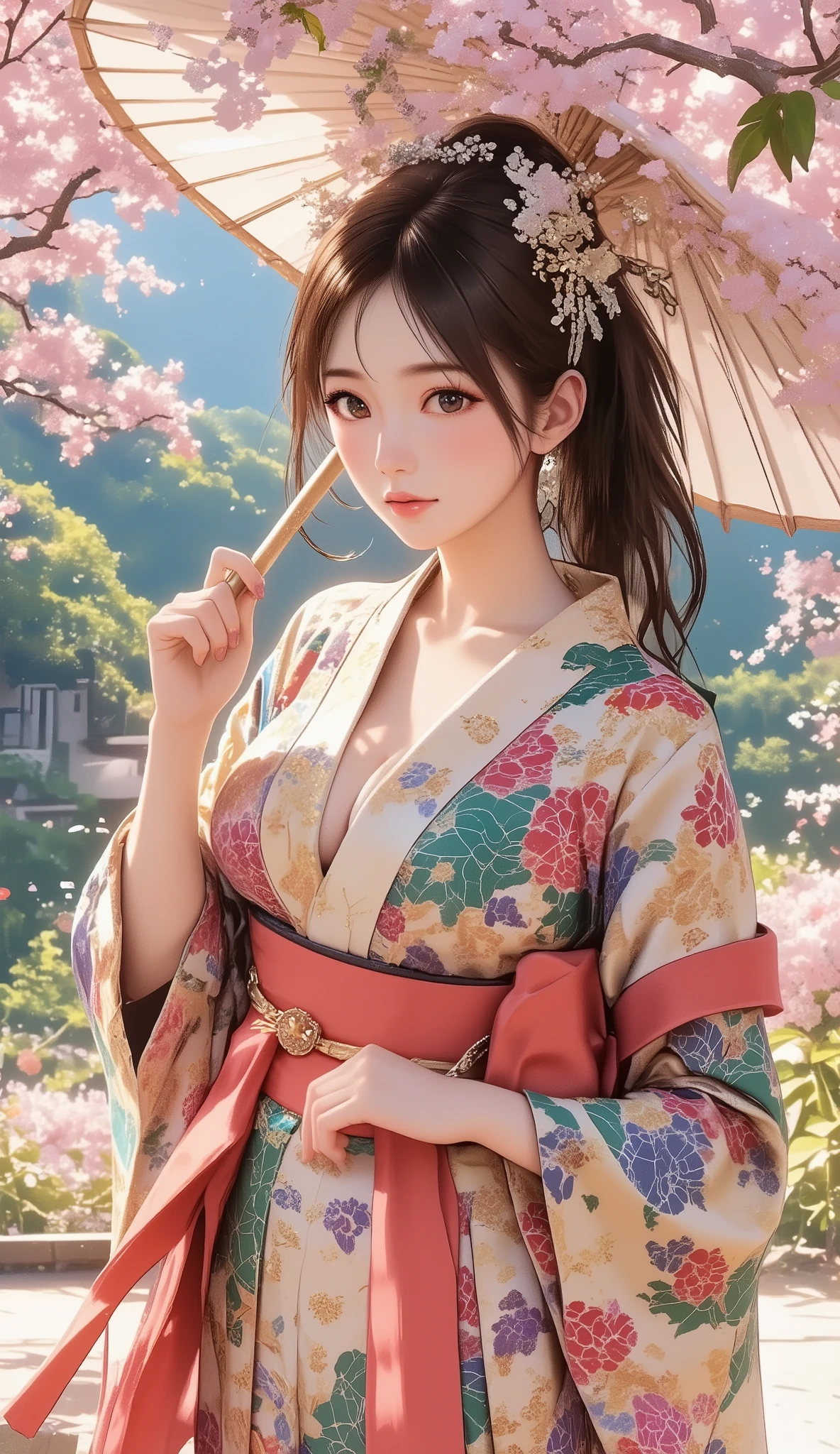 Woman holding a Japanese umbrella , Nishijin Textile Kimono , Japanese painting style , BEAUTIFUL ANIME STYLE PORTRAIT, Extra , detailed portraits of anime girls , Beautiful Anime Portrait , BEAUTIFUL ANIME WOMAN , digital animated illustration, Anime Style Portrait , Additional Art ,realistic, beautiful anime girl showing naked skin, ((large breasts:1.2), (huge breasts:1.2), (Uplifted and well-defined bust:1.2), (lifted chest:1.2), (perky breasts :1.2),(deep cleavage:1.4), anime-style digital art , animated illustration, ponytail, Navy Blue Kimono , Background is Sakura Fubuki