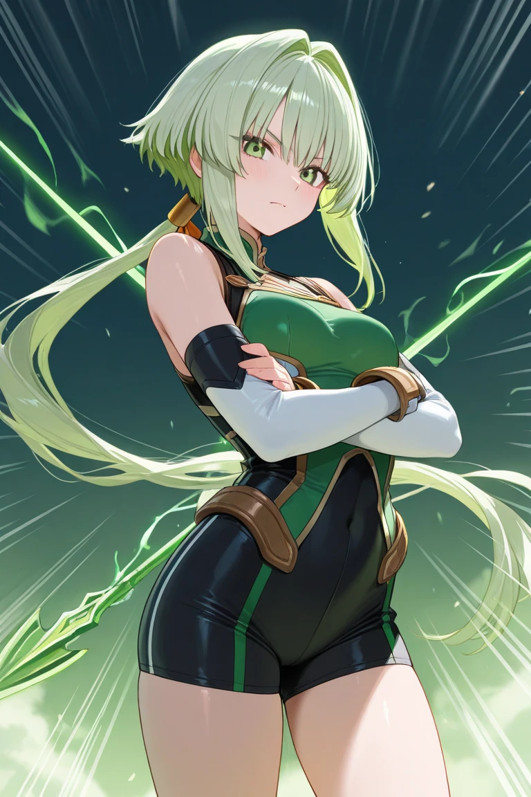 2d illustration, melhor qualidade, ultra detalhado, 32k, mulher, corpo bem feito, sintura fina, elfica, cabelo verde claro, roupa de couro, segurando uma flexa, dynamic position, dynamic angle. floresta no fundo 
