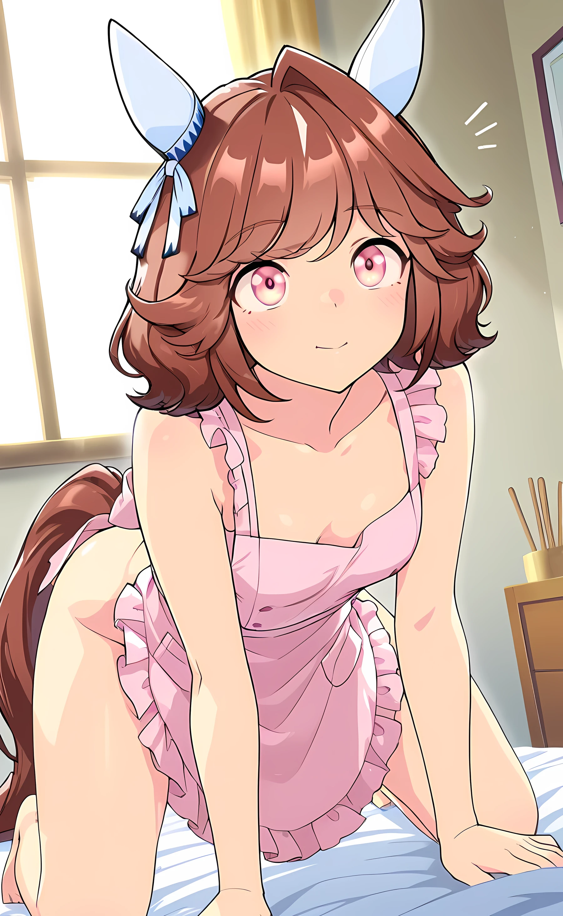 haiseiko \(umamusume\), 1 Girl, solo, anime style,cute girl,best quality work, super detailed, anime style,8k, high resolution, detailed images,((pink open chest frill apron)),((naked)),((face down shyly)),(room),(from the front),(Image uploaded from the front),((smooth thighs)),((Thigh to face up image)),best image quality,Top Quality,sticks out of the screen,morning,sunlight shining brightly
