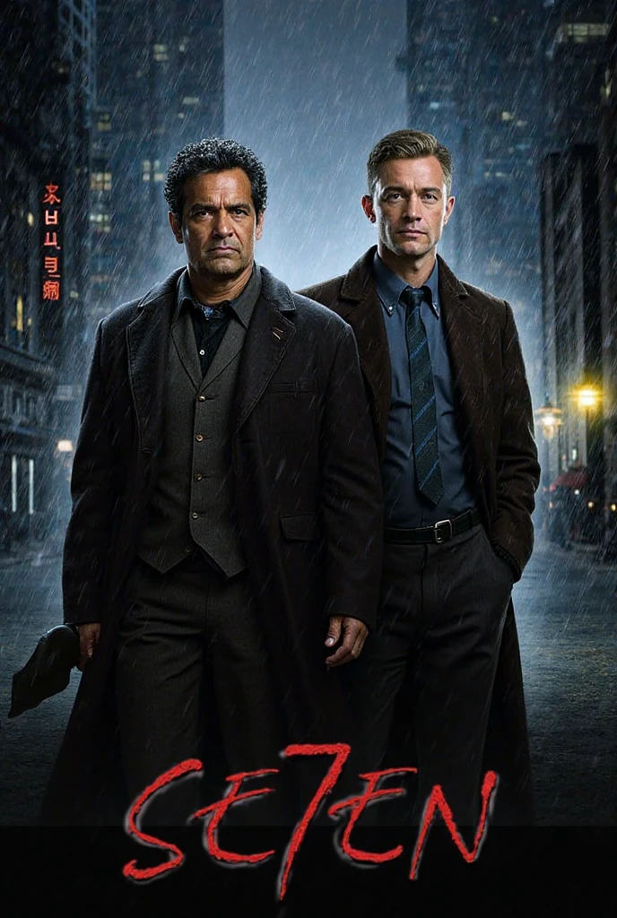 The poster of the movie *Se7en* (1995) features a tense and mysterious atmosphere. The background shows a dark, rain-soaked city with constant rainfall, eerie shadows, and dim neon lights. Two detectives stand amidst this rain-drenched cityscape. One is an older man around 60 years old, tall with dark skin, curly black hair mixed with some gray. He wears a dark-toned suit, shirt, tie, and a long overcoat draped over his shoulders. The other is a younger man around 30 years old, tall and strong, with a defined jawline and sharp features. He has short blonde hair, wears a long-sleeved shirt, slacks with suspenders, and a long overcoat, embodying the look of a field detective. The overall scene evokes a chilling and ominous mood fitting for the movie’s atmosphere.