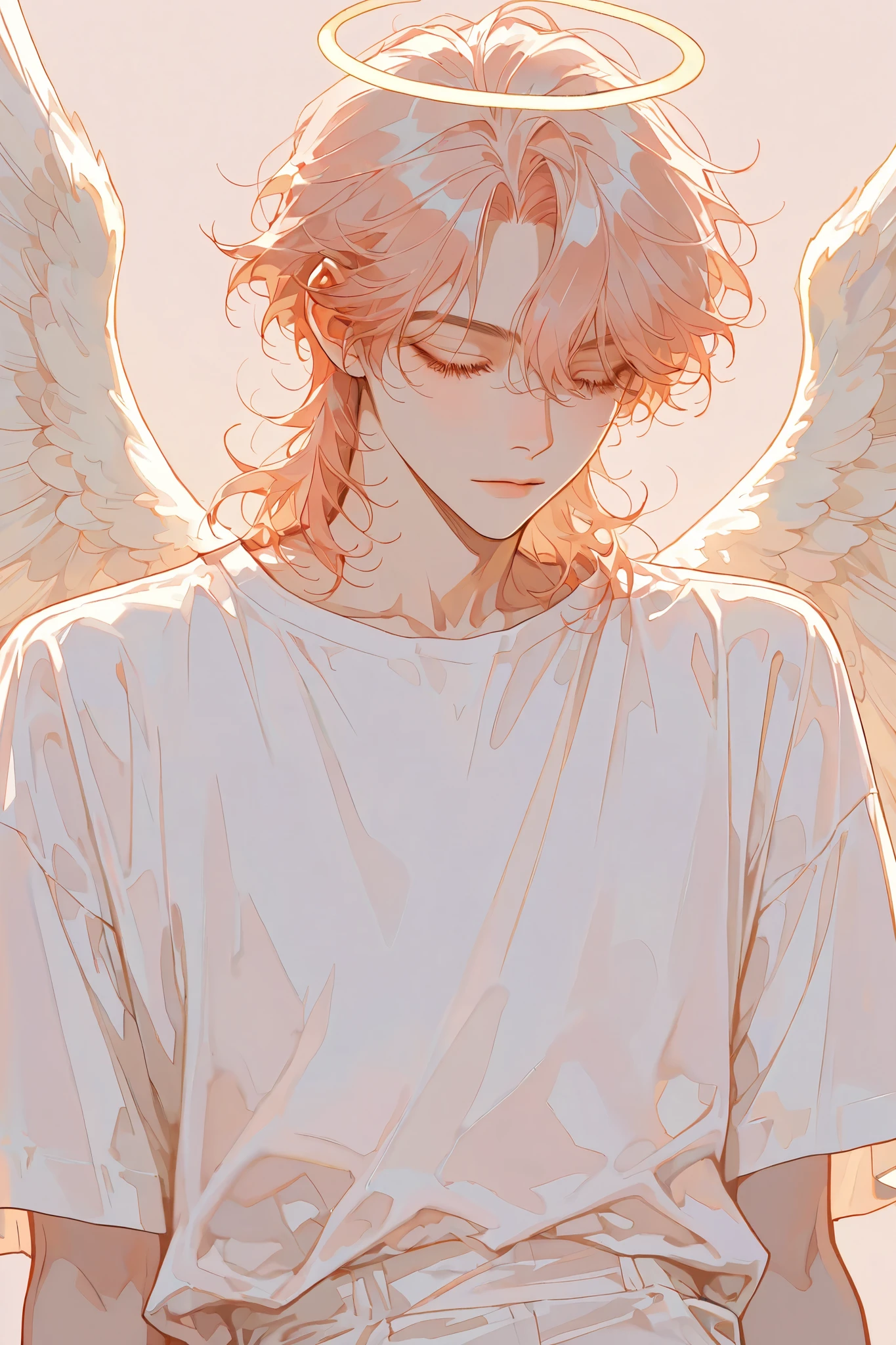 Angel descending from heaven, ( soft colors:1.2), , ( blue and orange :0.4),(best aesthetics:1.2), High aesthetic, Mix Various Art Aesthetics, alone,simple background,boy