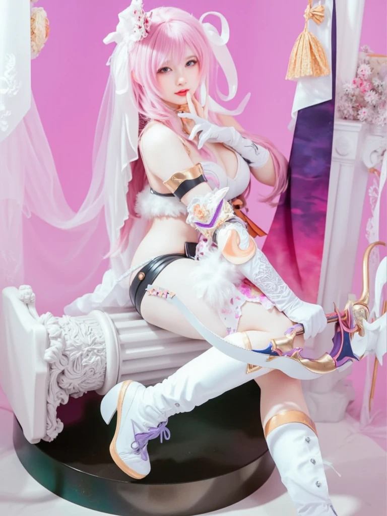 Sitting on a bench in a pink dress, elegant glamourous cosplay, white stockings, Anime cosplay, cosplay foto, anime goddess, big breasts beautiful, Gorgeous Role Play, lovely languid princess,thighhighs and skirt, cosplay, Anime cosplay, royal elegant pose, glamourous cosplay，4k，k hd，Pink Long Hair