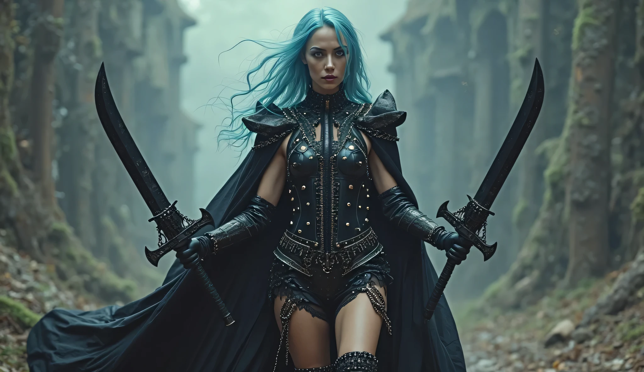 Create an illustration based on the following info: A young women standing in the middle of clearing surrounded by tall trees, (blue hair:1.5), long hair, wavy hair, face framing hair, beautiful eyes, glowing blue eyes, pink lips, horny facial expression , dd-cup breasts, slender arms, blood covered hands, spear wielding, thick thighs, gothic dress, (black leather armor:1.5), black choker, lace choker, (black sleeves:1.5), detached sleeves, (black skirt:1.5), high-low skirt, layered skirt, lace trim, night, full moon, bright moonlight, cinematic lighting, green leaves, close up, looking at viewer, dark atmosphere, Add clothes detail, blood, blood on face, (blood on face:1.5), elf ears, black energy, black smoke, (black smoke:1.5), fire sparks, fighting stance, (fighting stance:1.5), (black top:1.5)