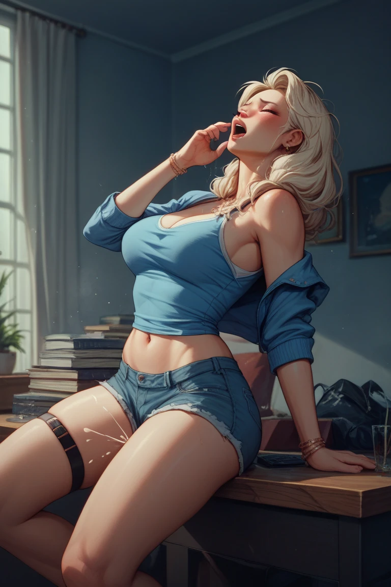 (A very cute woman wearing a very short white silk miniskirt.) ((Wearing a white silk open shirt: 1.6.) 40k, photography, masterpiece, best quality, dark gray background, ((1 girl with blue eyes and gorgeous light blonde hair, she wears glasses on a beautiful face ,)), big ass full breasts until waiting to be worn, various poses. ((:1.4)), super detailed face, detailed eyes.
