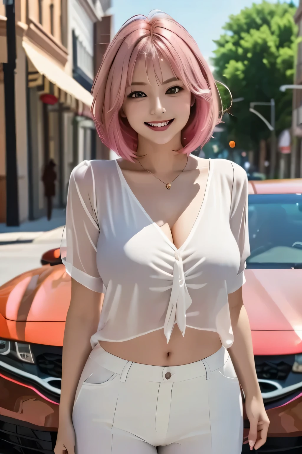 (1girl), mature, grin, (Big Breasts), white skin,  smooth,  white thighs,  light pink sheer blouse,  In Front Of A Car, pink bob hair, beautiful face, I'm sweaty, sexy, (masterpiece,Top Quality,8K Ultra HD,realistic),  Stand Pose, (background:  Main Street )