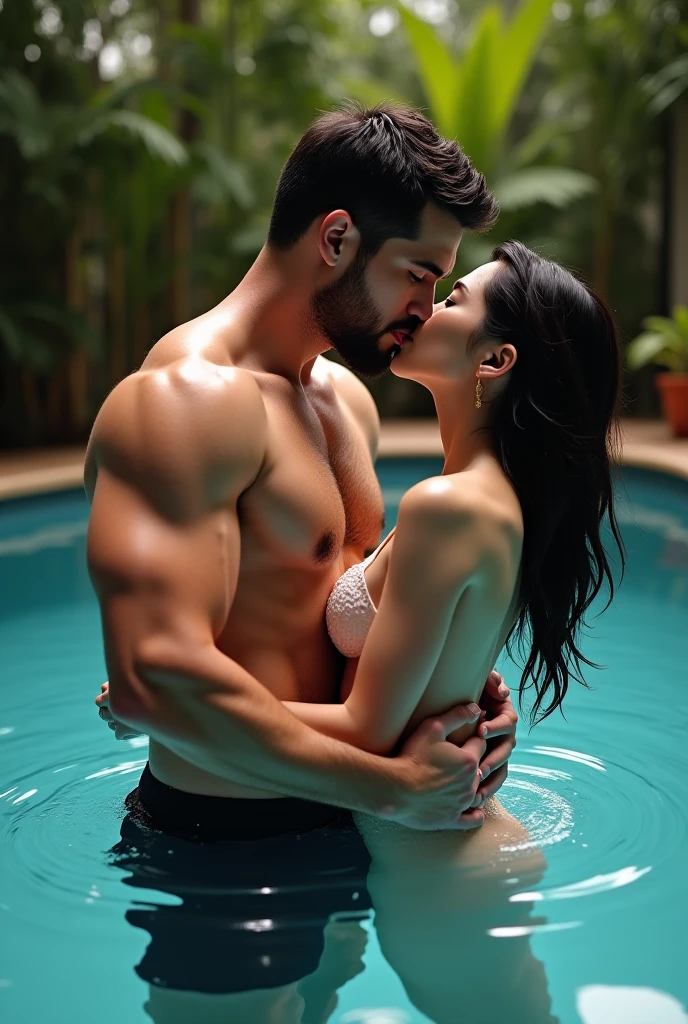ultra realistic, photography, portrait, close-up, extreme close-up, long black straight hair, (30 years old, hazel eyes, hourglass figure, perfect fit body, natural big breasts), femme fatale, seductive look, on the edge of  a swimming pool, wearing a skimpy red string bikini, her body is wet, her hair is wet, sensual posing, wide angle, extreme wide angle, she is sitting next to a hot man wearing wet boxers and a big bulge, she is kissing him wildly, she is reaching under the wristband of his boxers with her hand