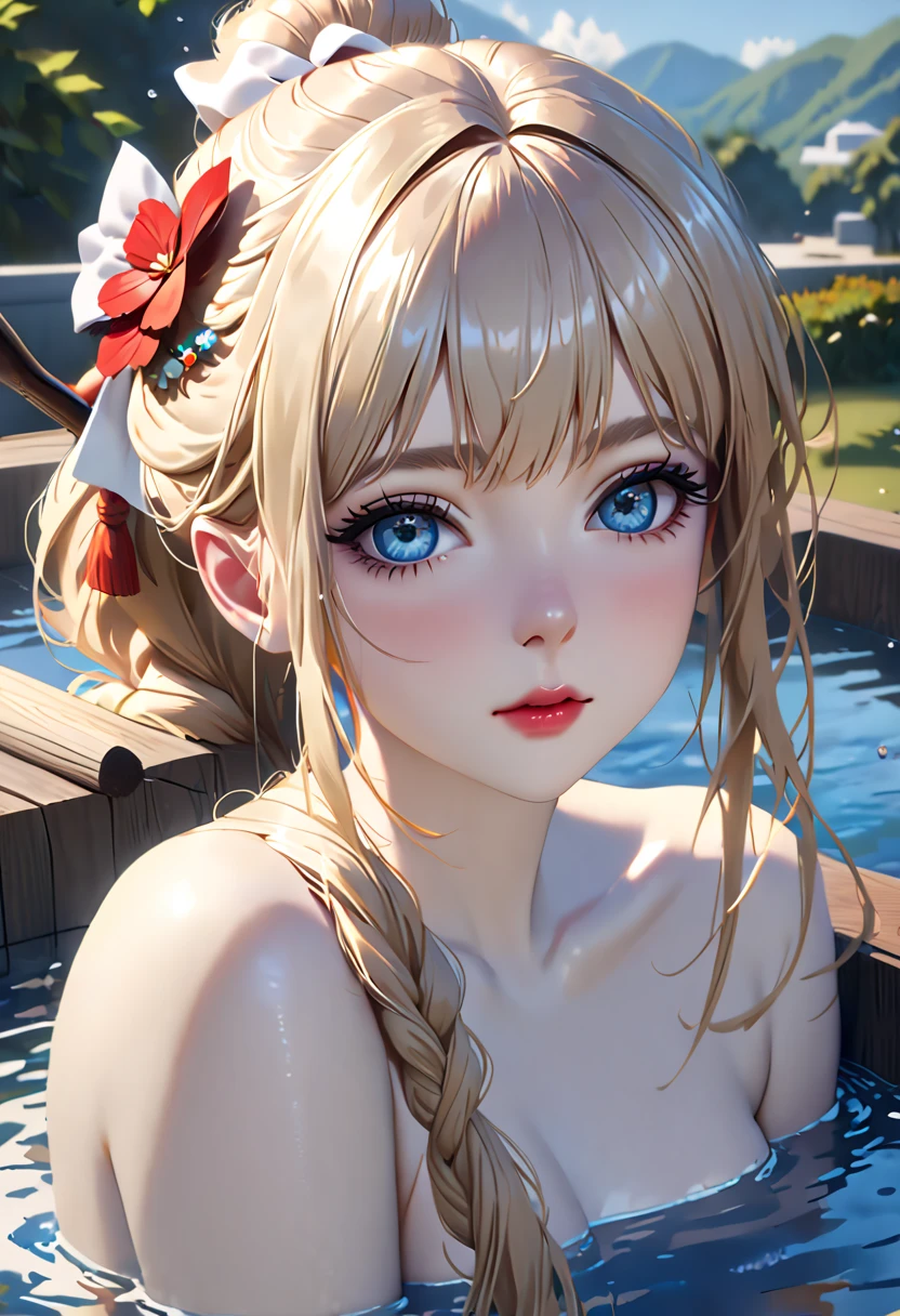 Silver hair, double bun, upper body, standing in water, parted bangs, modern, surreal, film lighting, chiaroscuro, masterpiece, textured skin, high resolution, high quality, high detail, beautiful face, big breasts, obvious cleavage, translucent clothes, falling petals