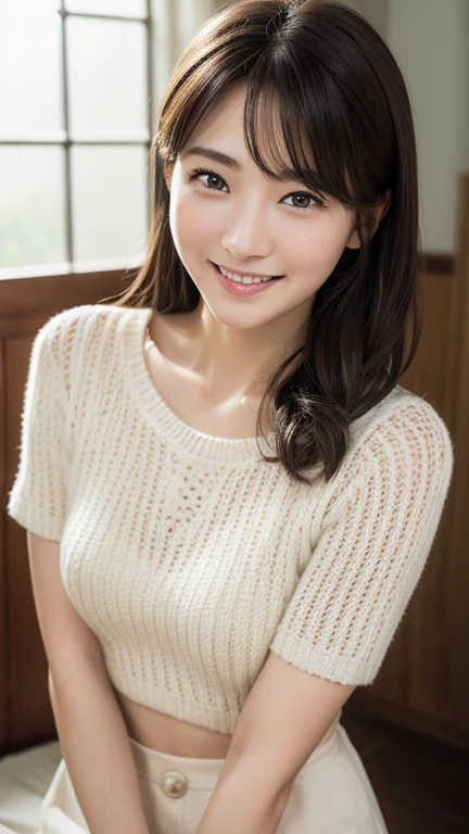 (8K、RAW Photos、Highest quality、masterpiece:1.2)、(Realistic、Photorealistic:1.37),(((cowboy shot)))、Super detailed、Ultra High Resolution、((Solo girl, 24 years old)), white dress shirt, blue pleated skirt, Japanese Student Model, Looking into the camera、Beautifully detailed face、A kind smile、(cute:1.2)、narrow、(Slim waist:1.3)