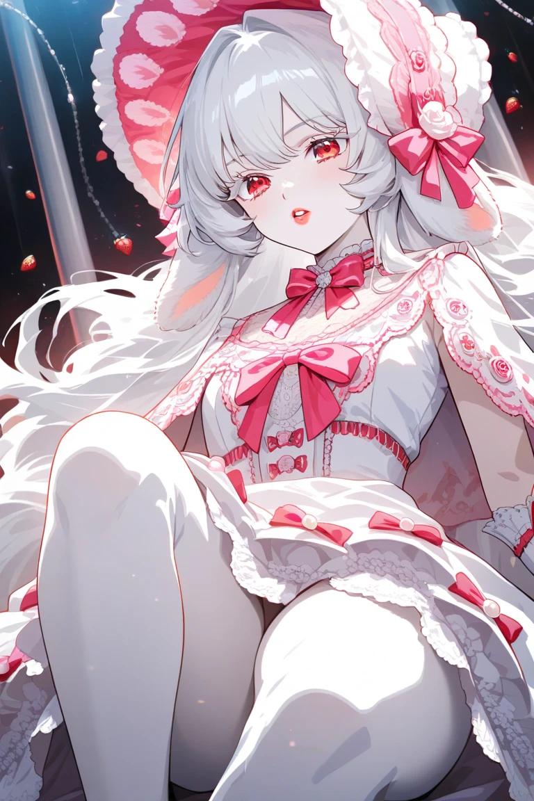 big breasts,Wearing maid outfit,blush, surprise,look at me,red pupils,Lace tights,beautiful hair、 beautiful eyes、 beautiful skin、beautiful legs、beautiful arms、perfect fingers、 very cute,white hair, long hair,white cat ears, white cat tail,best quality,high resolution,top quality、 looking at the audience,sitting,kneeling&Place on the bed,Knees together,internal figure eight,Beautiful girl alone,pink bows,slender eyebrows,hair slightly moist,On a very large white bed, white pillows,perfect waist,Skirt has cutouts at the end,Pouting,The clothes are a little wet,little girl,very young,18 years old,shy smile,Long messy white hair tied up,tempting pose,chiaroscuro,bare shoulders,Naked room,slit sleeves,There are a few drops of water on the breast,bare legs,barefoot,Ray tracing,disdainful expression,Lift up the skirt a little,Most of the body is exposed