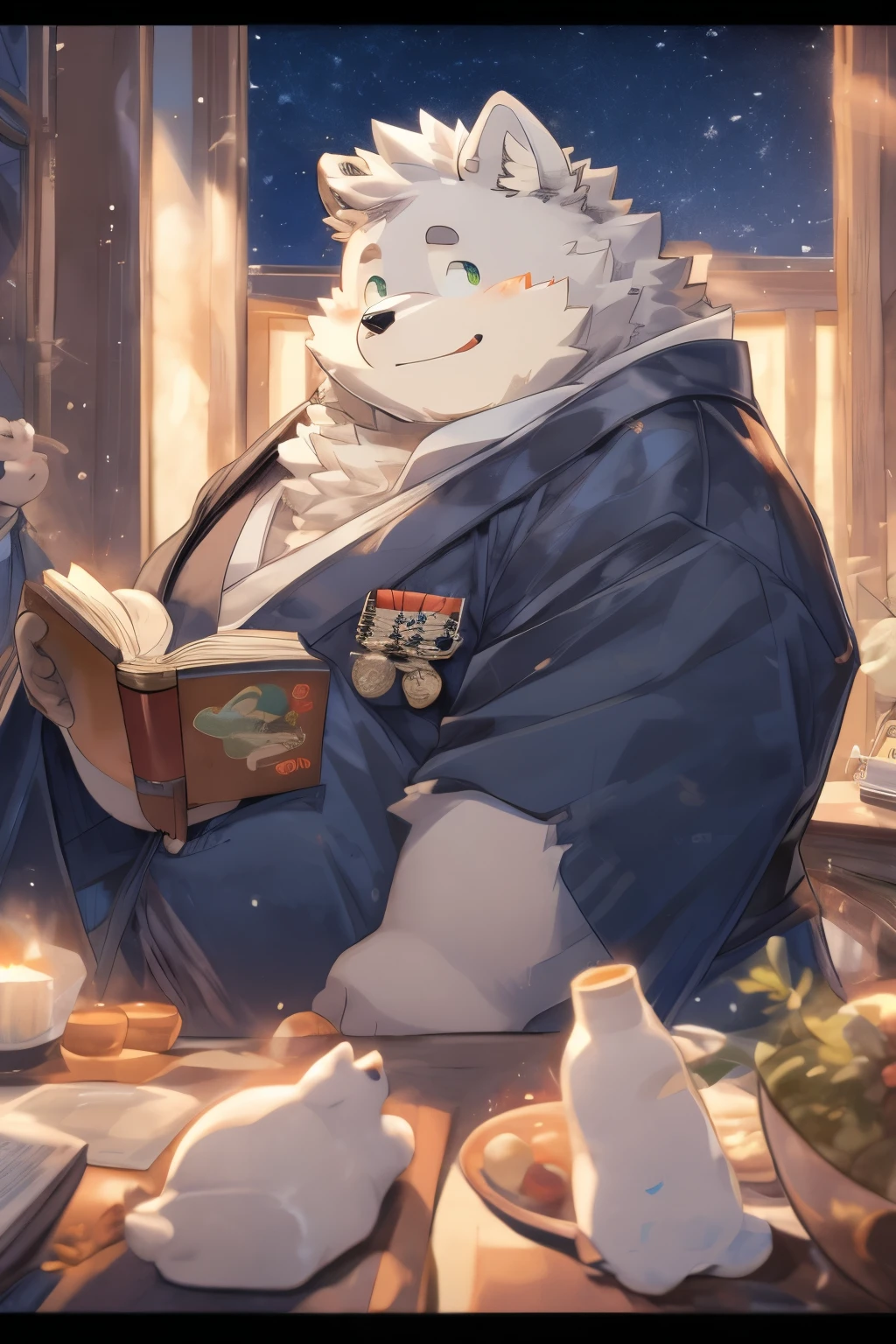 dog少年、Samoyed Beastman、dog、fat、chubby、bigお腹、green eyes、kind face、black military uniform、Window、starry sky、saggy breasts、Pinch a book by your side、1 person、male、big、fluffy coat、pure white、looks at me with embarrassment and smiles、Clean eyes in detail